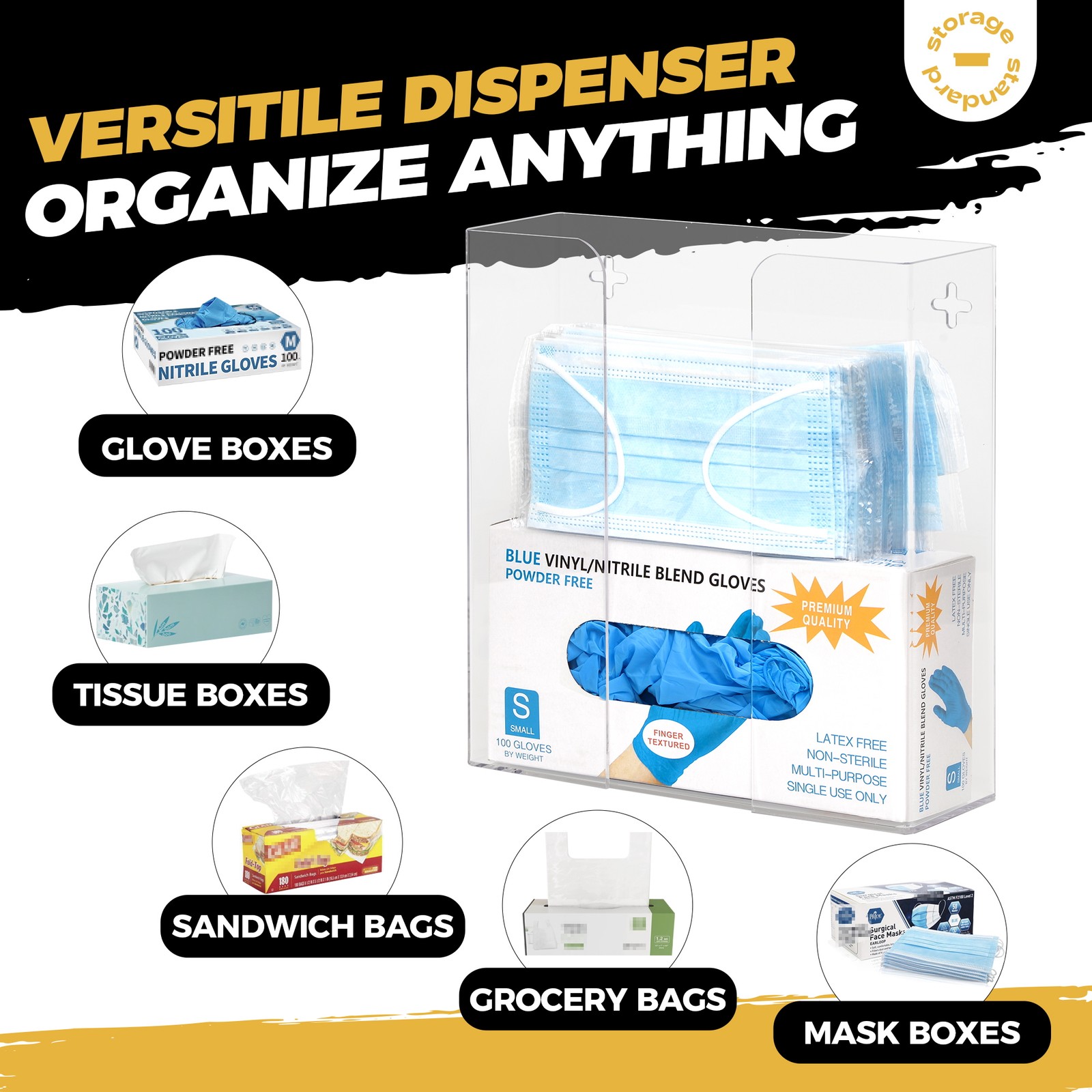 Double Glove Box Holder Dispenser – Wall Mount or Countertop Load Open Top Clear