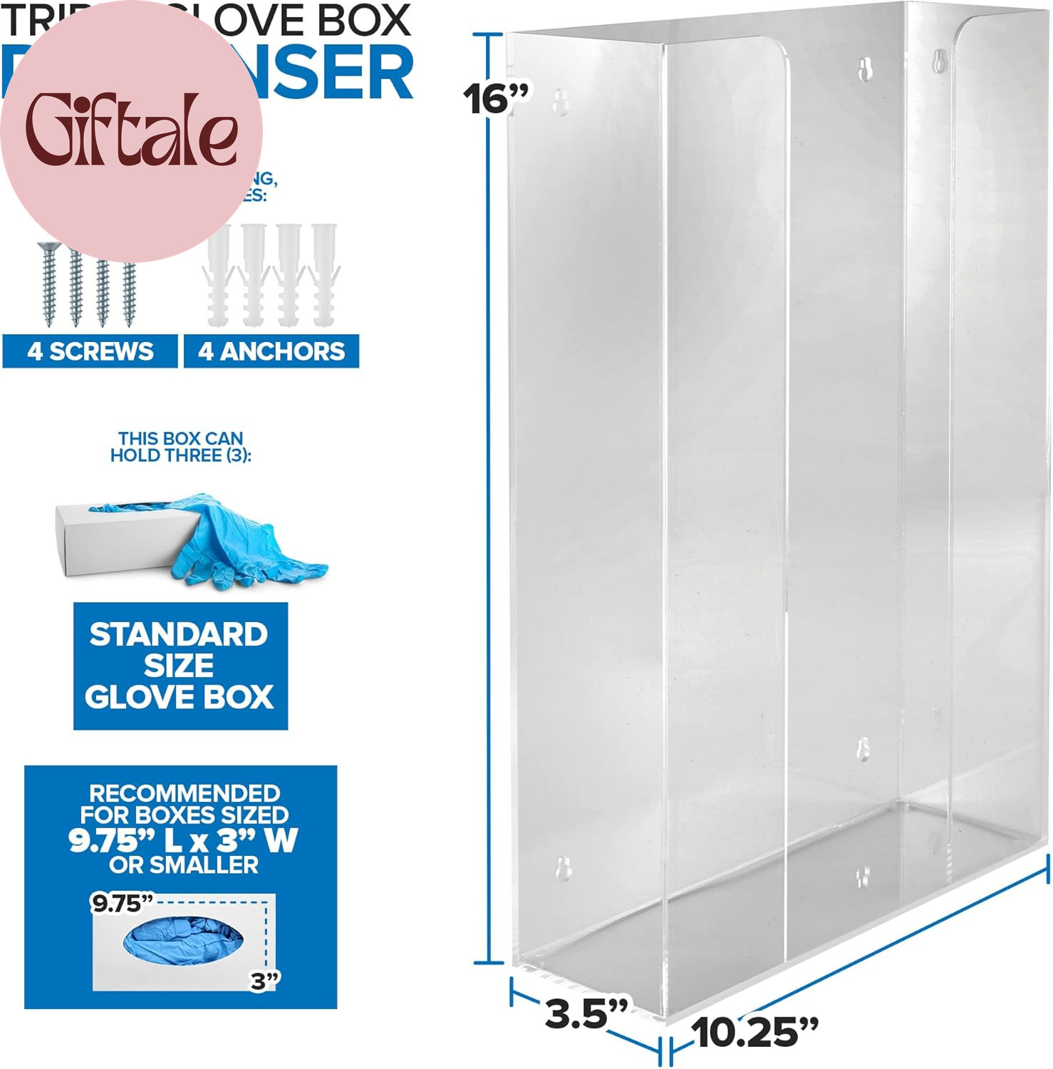 Triple Acrylic Gloves Dispenser, Tissue Box Shelf, Glove Holder Wall Mount, for
