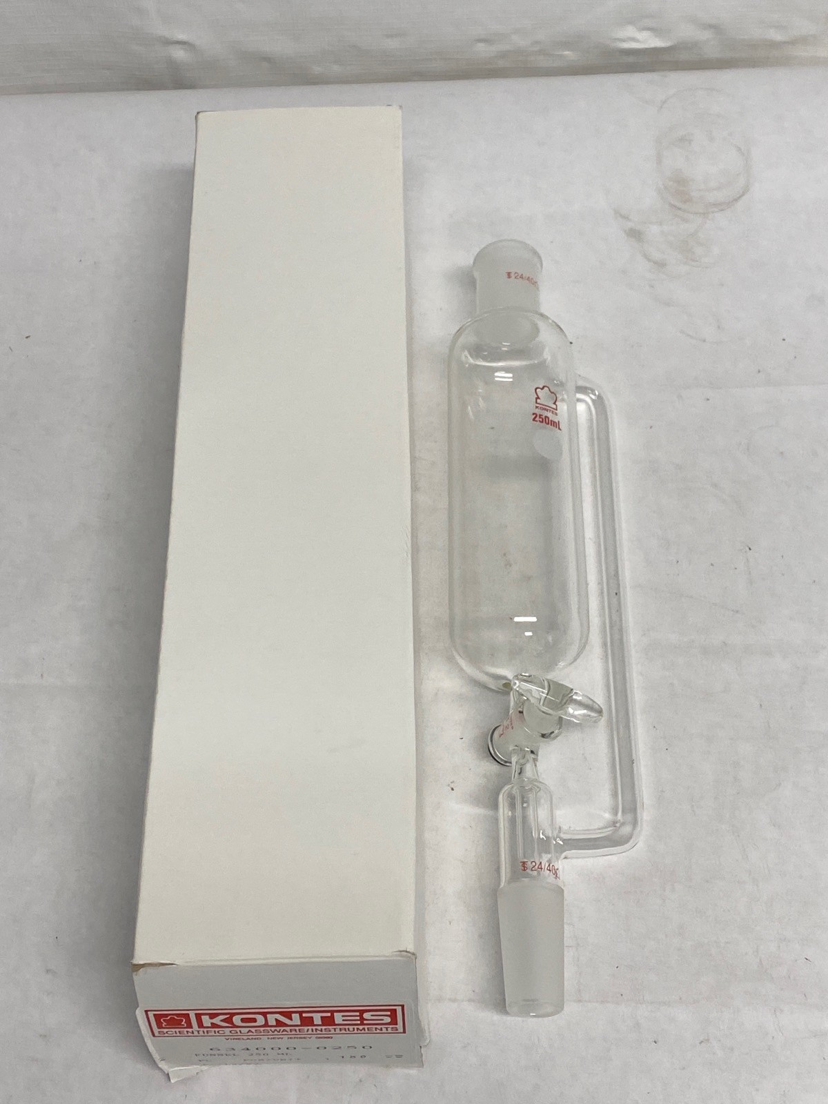 New KONTES Glass 250mL 24/40 Pressure Equalizing Addition Funnel w/Stpck 634000