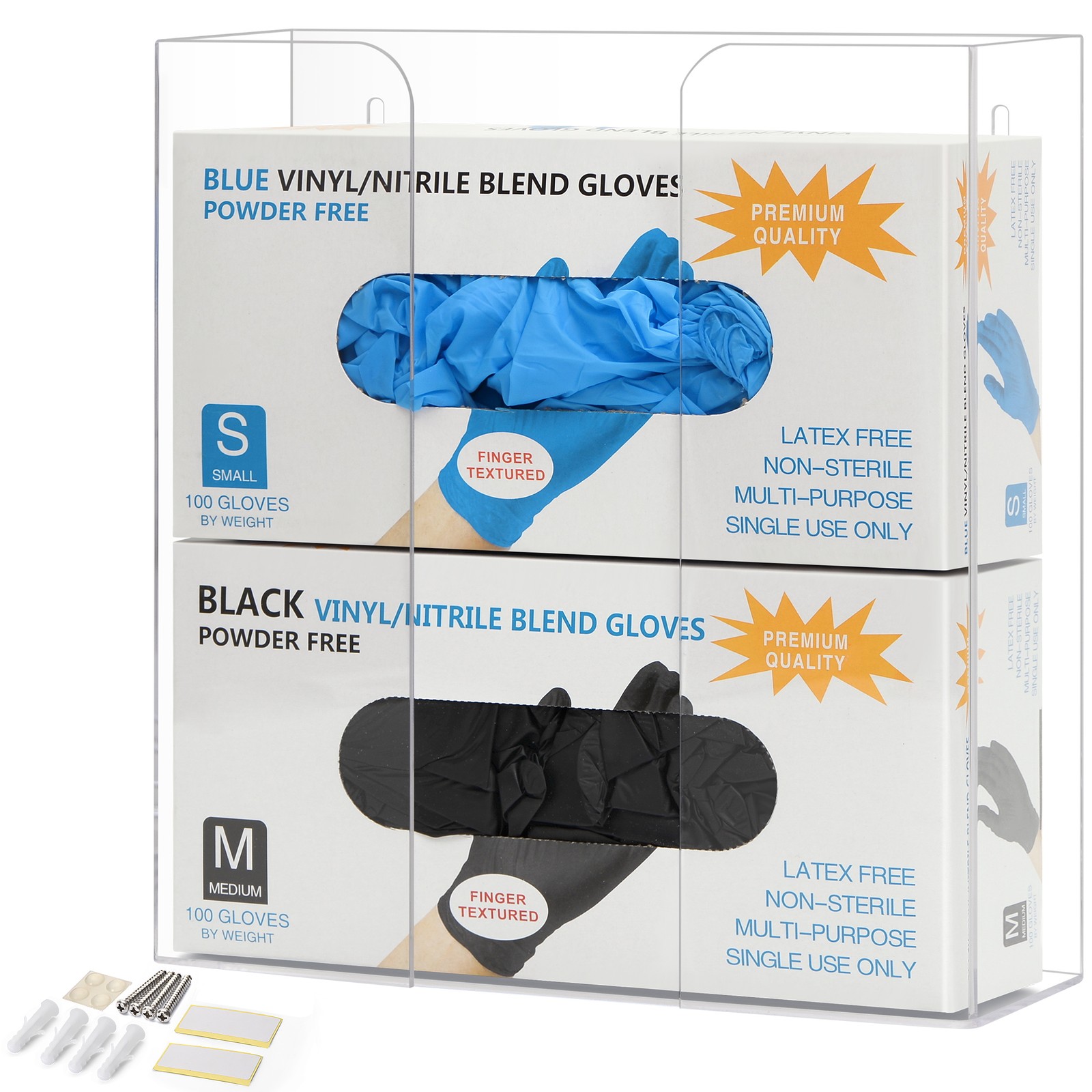 Double Glove Box Holder Dispenser – Wall Mount or Countertop Load Open Top Clear
