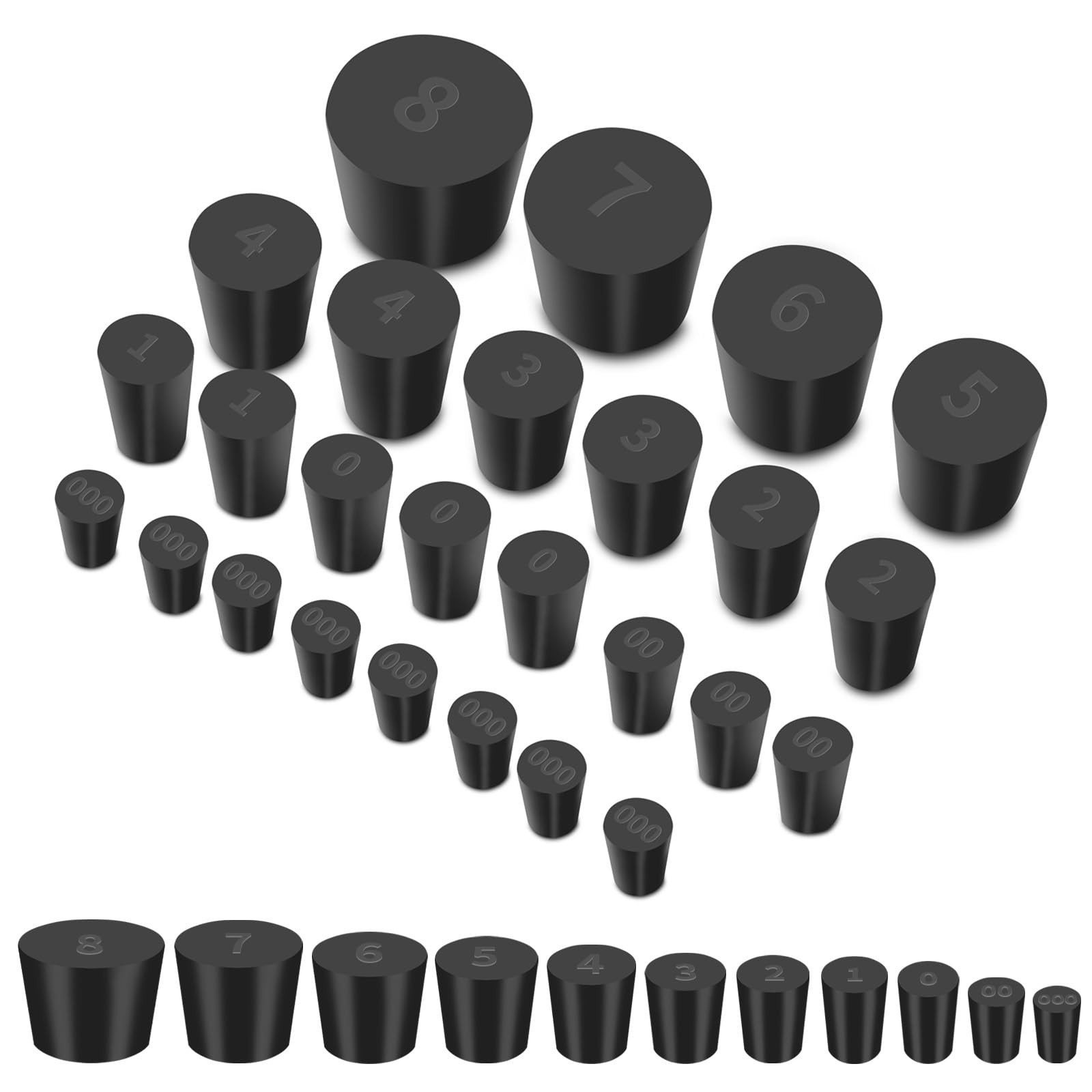 26 Pack Solid Rubber Stoppers – 11 Assorted Sizes Stopper Plugs, 000# – Black