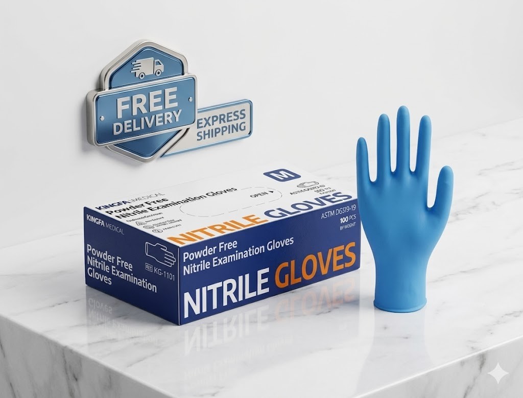 Kingfa Blue Nitrile Medical Gloves Powder & Latex Free Disposable 3 mil