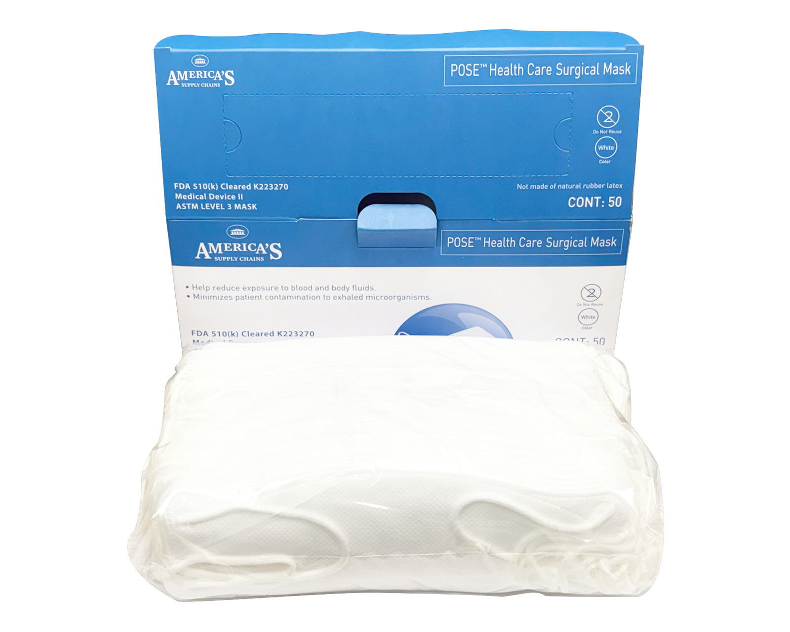 (50pcs) America’s Supply Chains Disposable Facemask ASTM Level 3 FDA Cleared