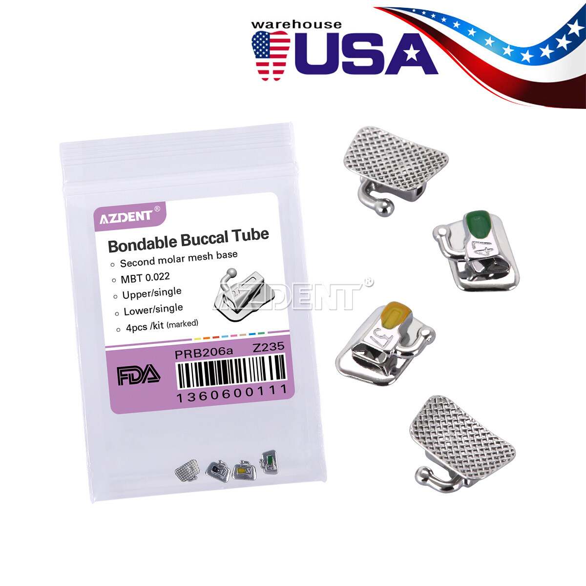 AZDENT Dental Ortho Buccal Tube 1st/2nd Molar Bondable Non-Conv Roth/MBT.022 FDA
