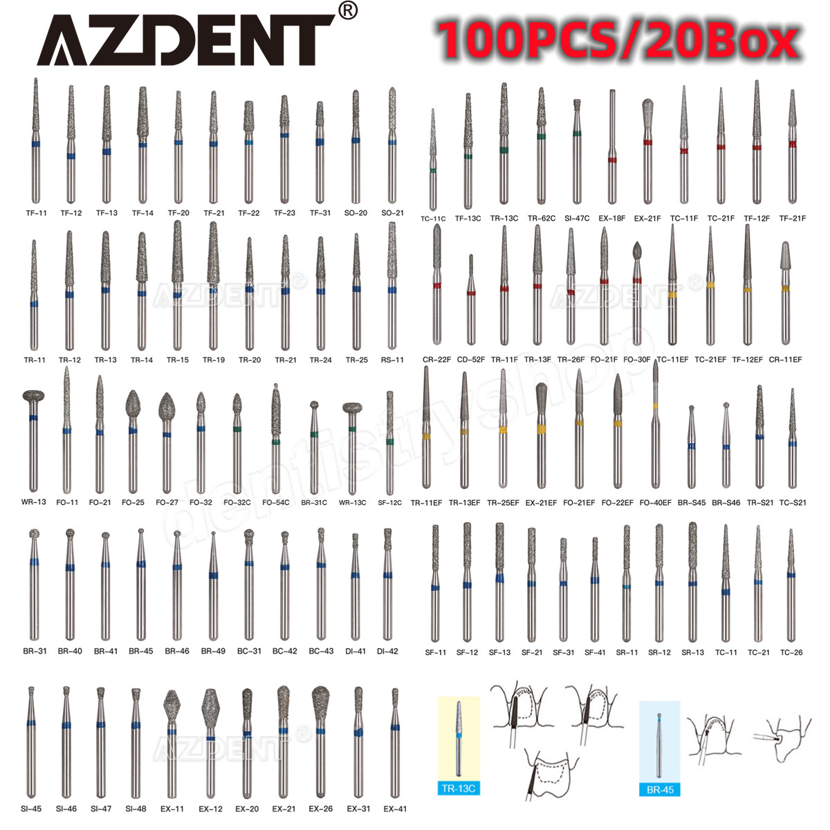 100Pcs AZDENT Dental Diamond Burs For High Speed Handpiece Friction Grip 1.6mm