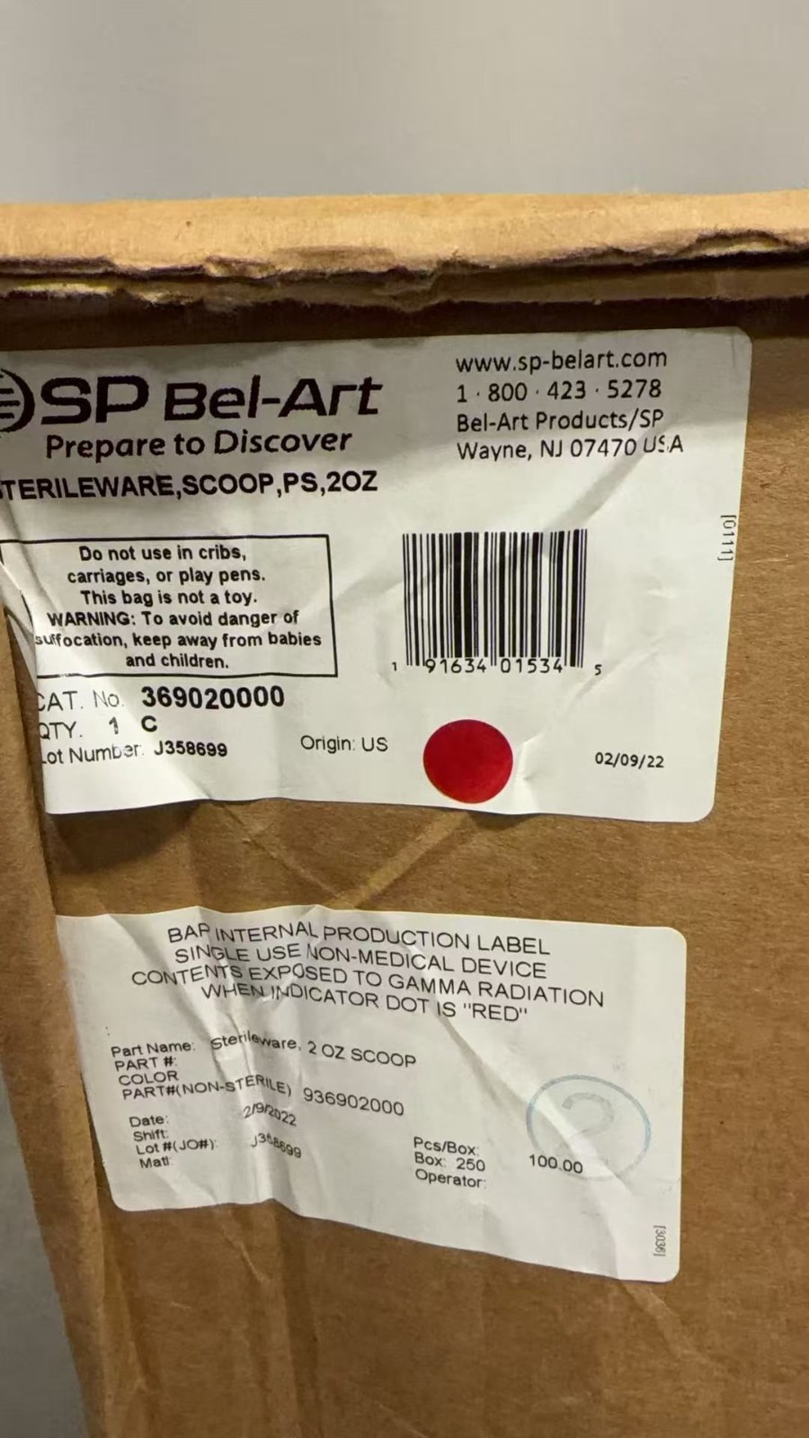 SP Bel-Art Sterile Sampling Scoops 60ML / 2 OZ Individually Wrapped Box of 100