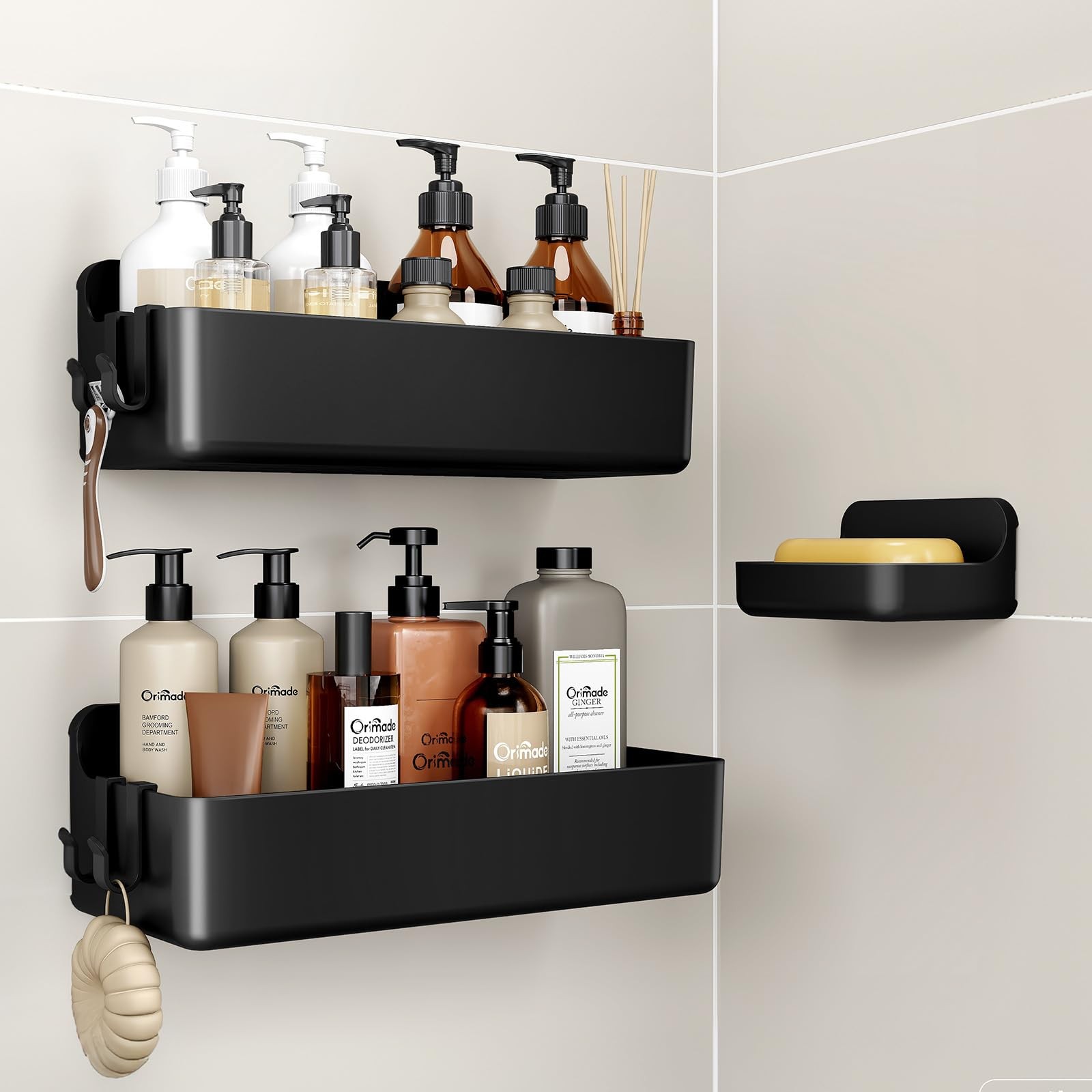 Orimade Shower Caddy 3-Pack No-Drill Adhesive Shelves Hooks Bathroom Rustproof A