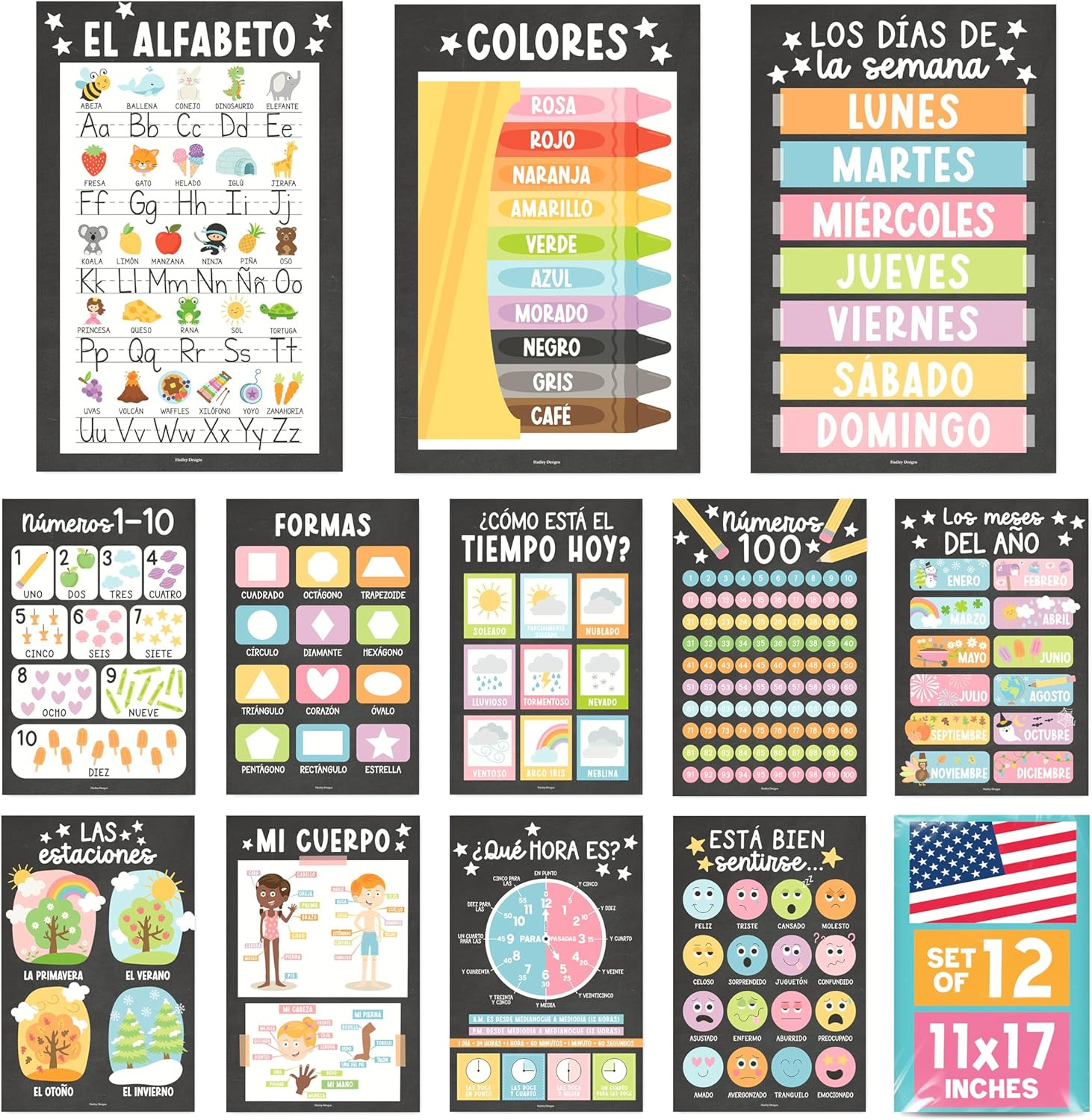Spanish Posters for Classroom -12 Bilingual Educational Posters for Spanish Clas