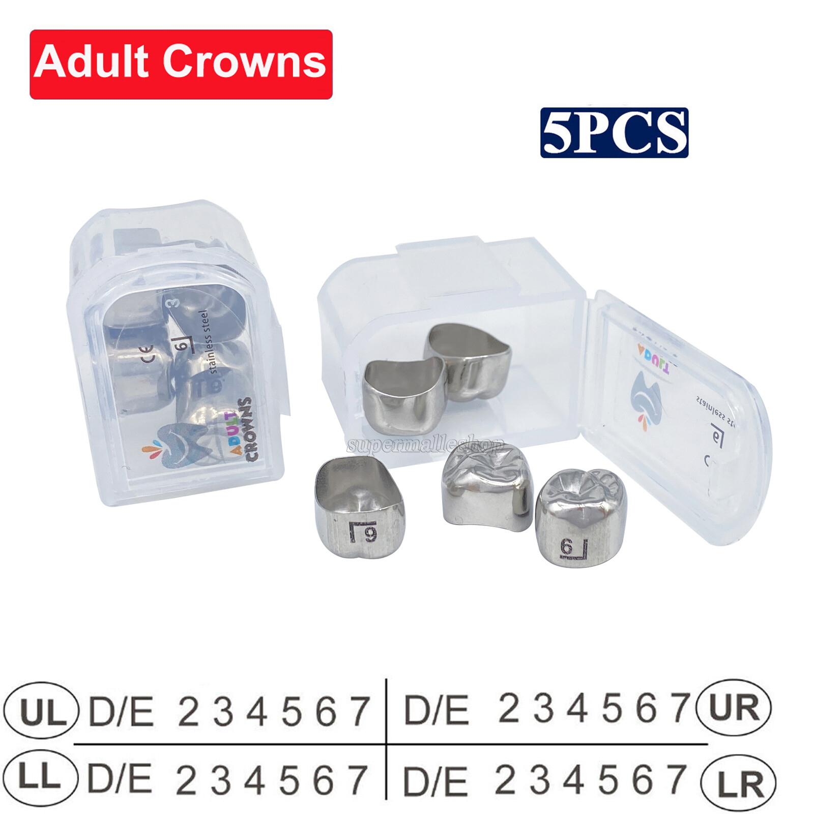 5Pcs/Box Dental Adult Crown Stainless Steel Primary Permanent Molar Crowns SM