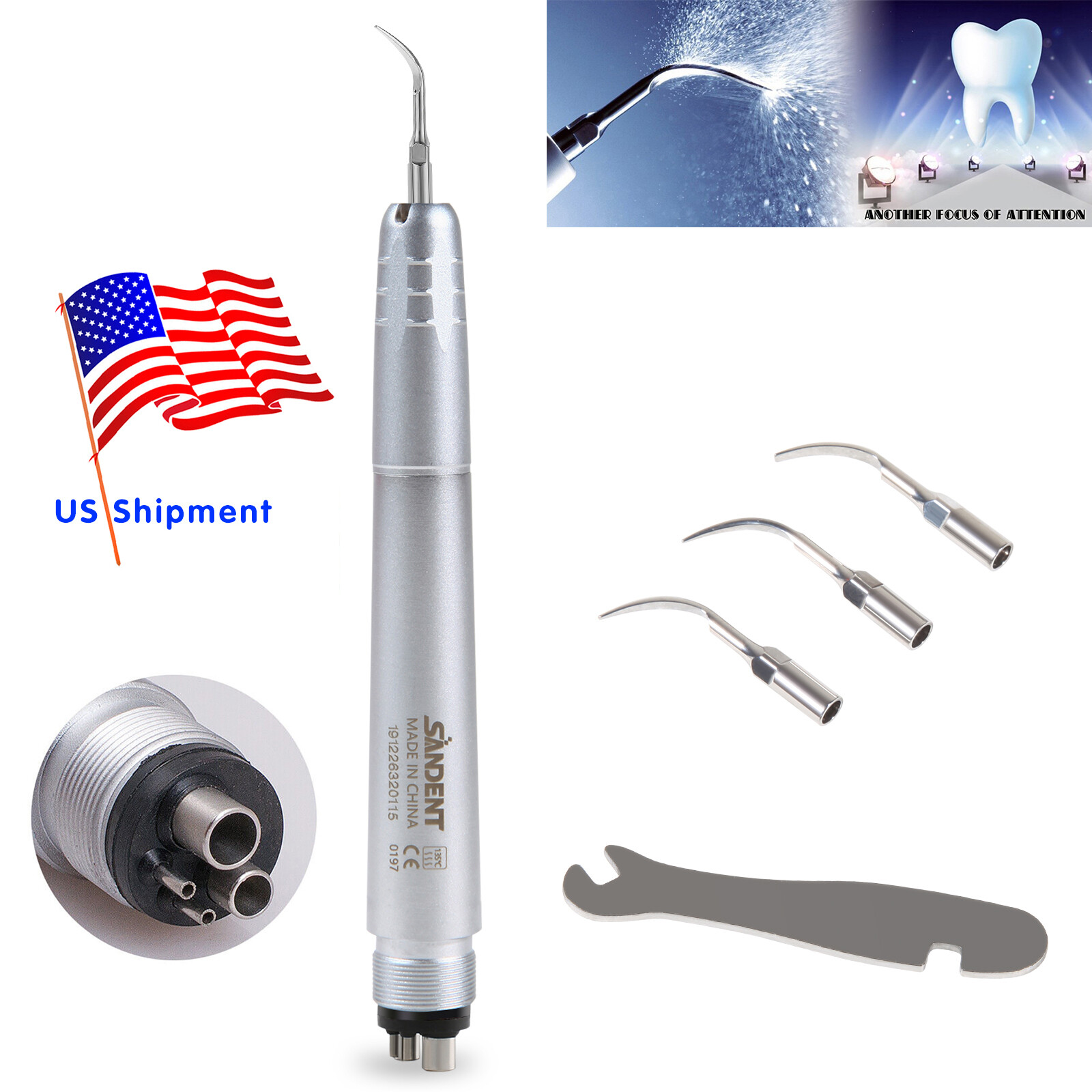 SANDENT Dental Ultrasonic Air Perio Scaler Handpiece Hygienist 2/4Holes 3 Tips
