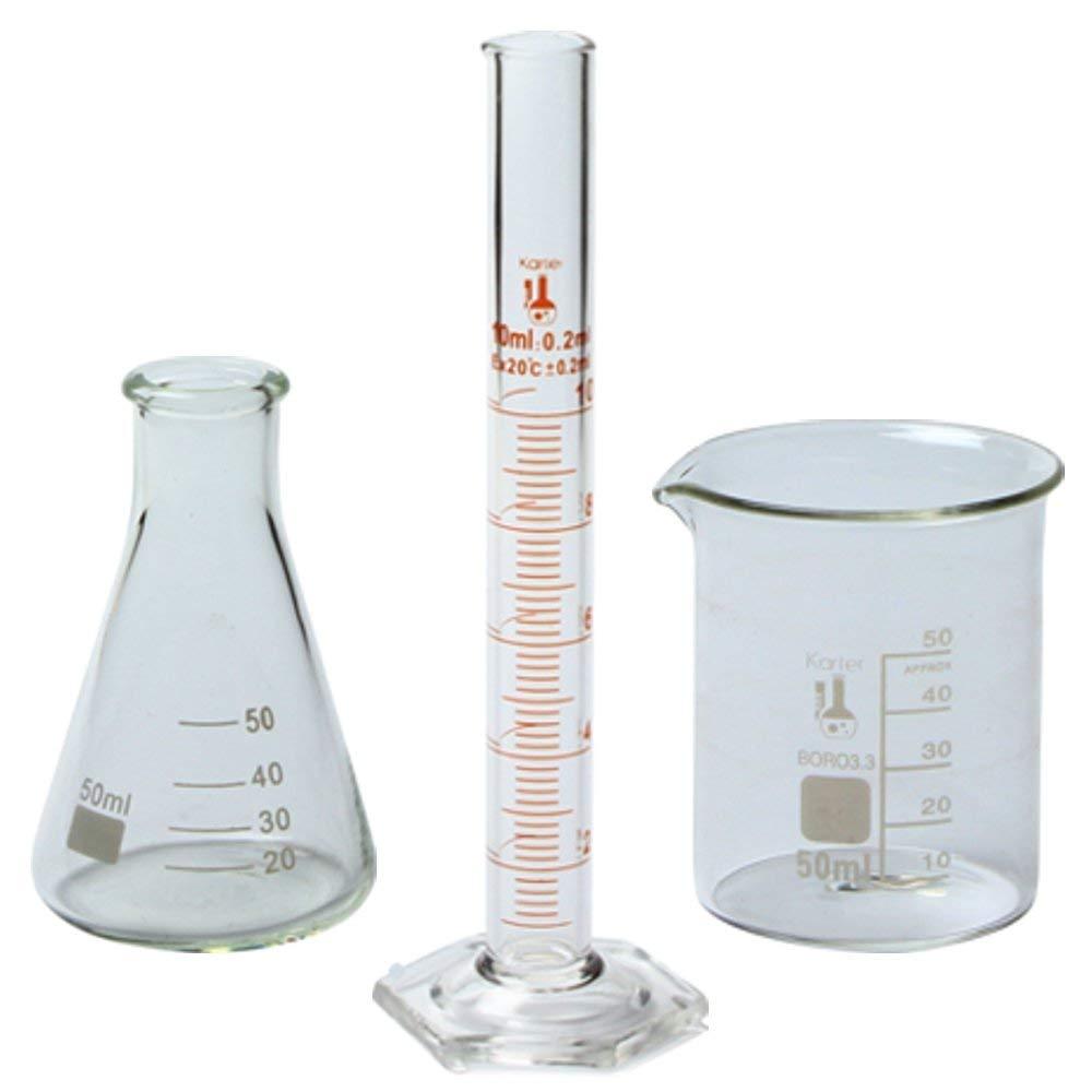 50ml Beaker, 50ml Flask, and 10ml Cylinder Set, 3.3 Boro. – Karter Scientific