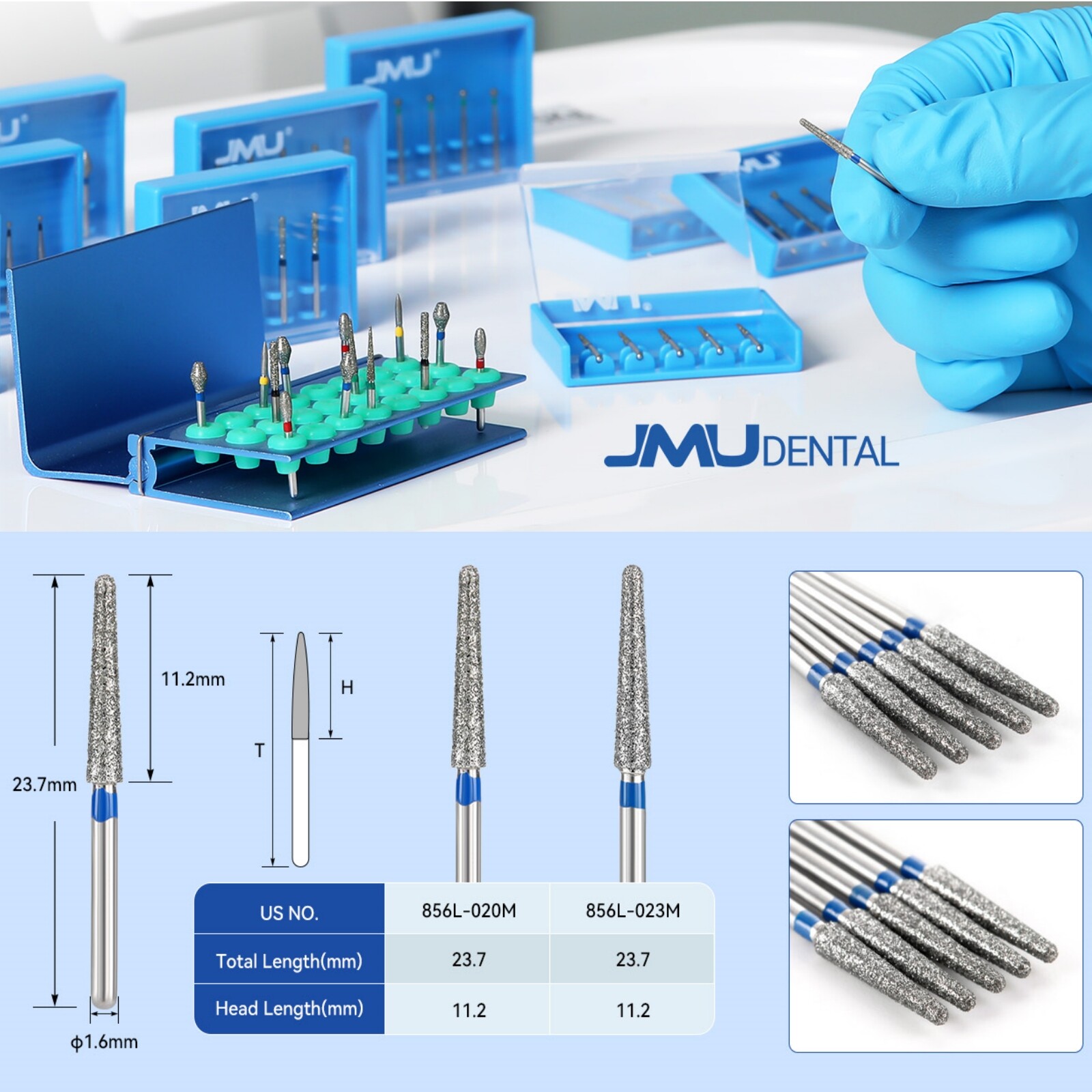 JMU Dental Diamond Burs Medium Grit Round End Taper FG Burs 856L-020M 5pcs