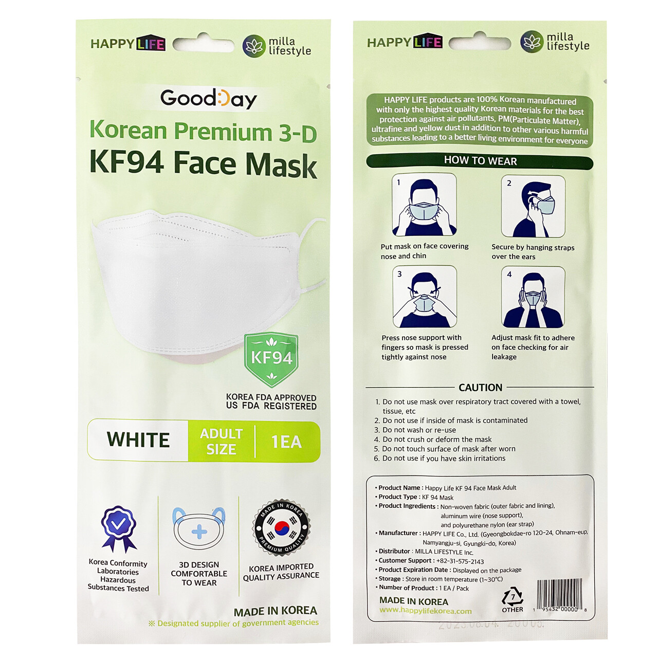 10 Pack KF94 WHITE Protective Face Mask Adult Made in Korea KFDA Approved