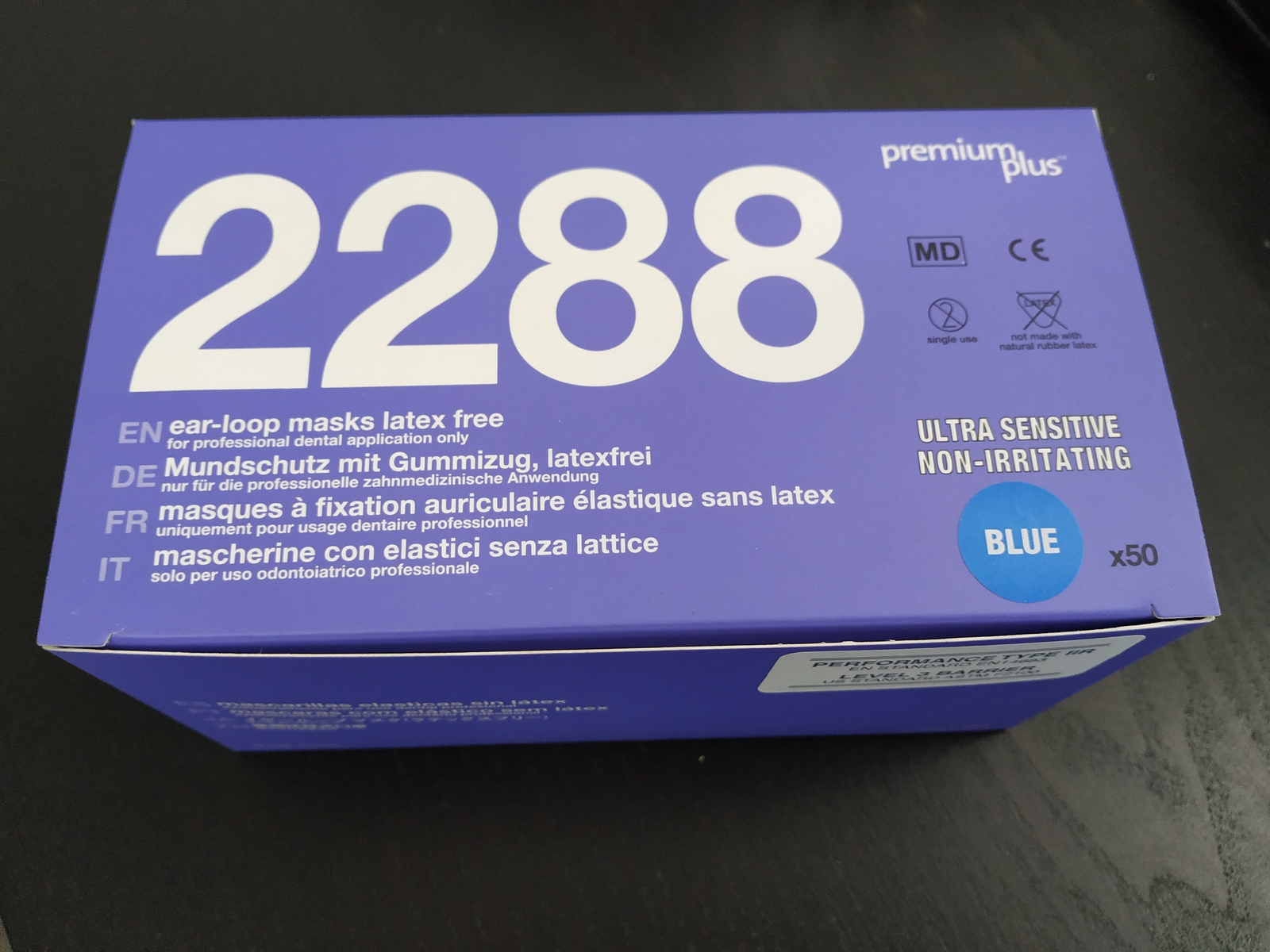 50 PCS ASTM LEVEL 3 3 PLY FACE MASKS BLUE 50/BOX ULTRA SENSITIVE (BFE 99%)