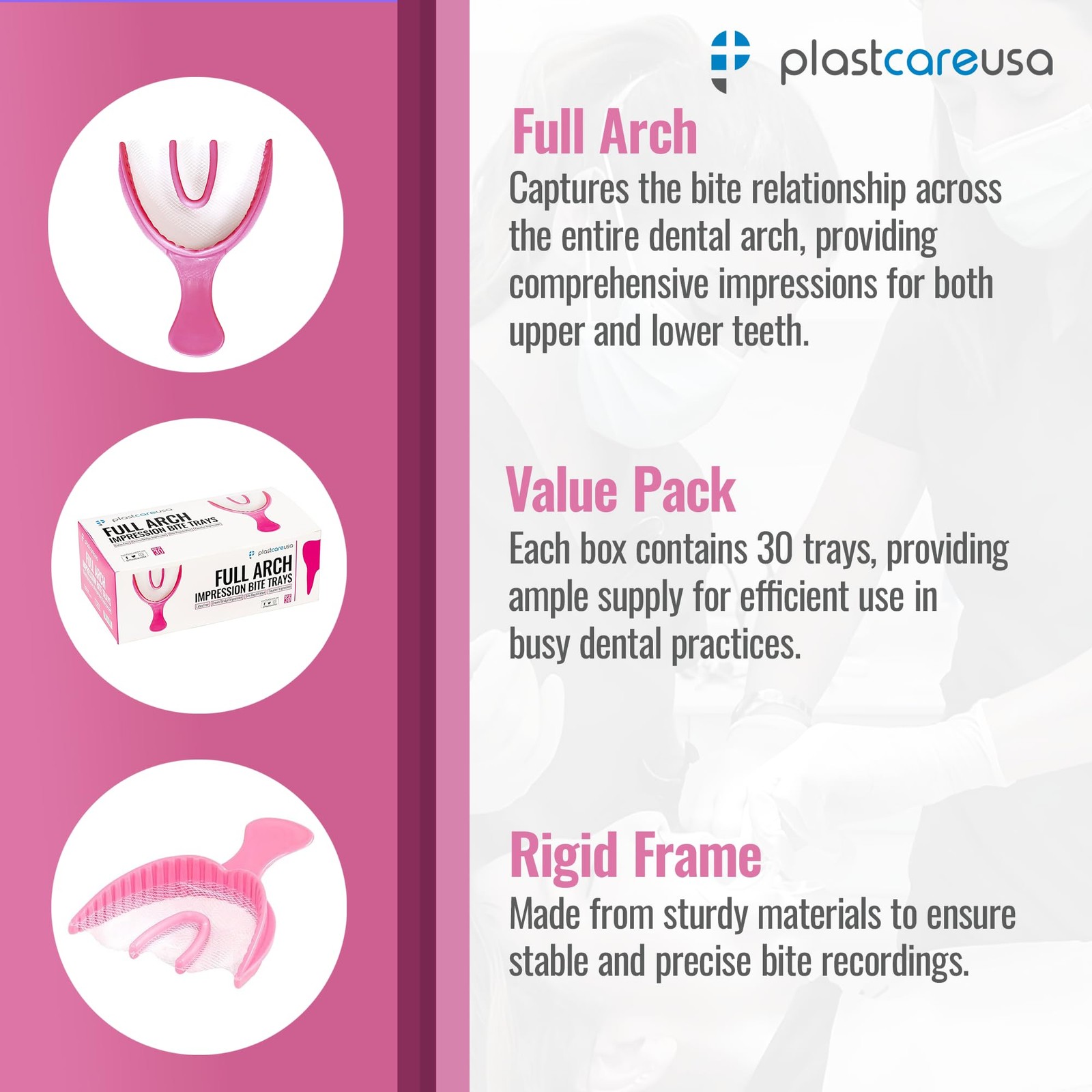 30 Count Pink Dental Bite Trays for Accurate Impressions by PlastCare USA