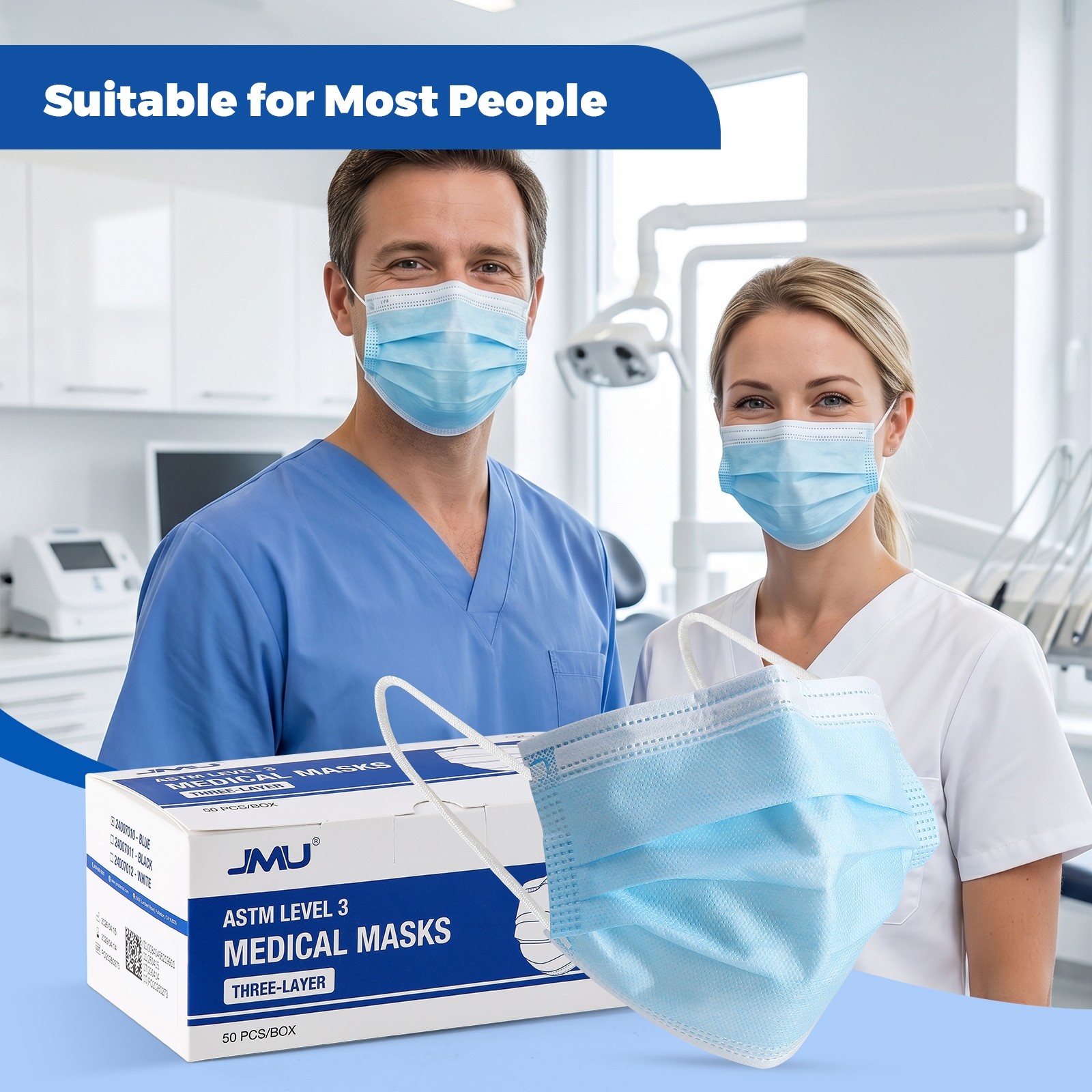 JMU Disposable Medical Face Masks, 4-Ply ASTM Level 3 Ear-Loop Face Masks 50pcs