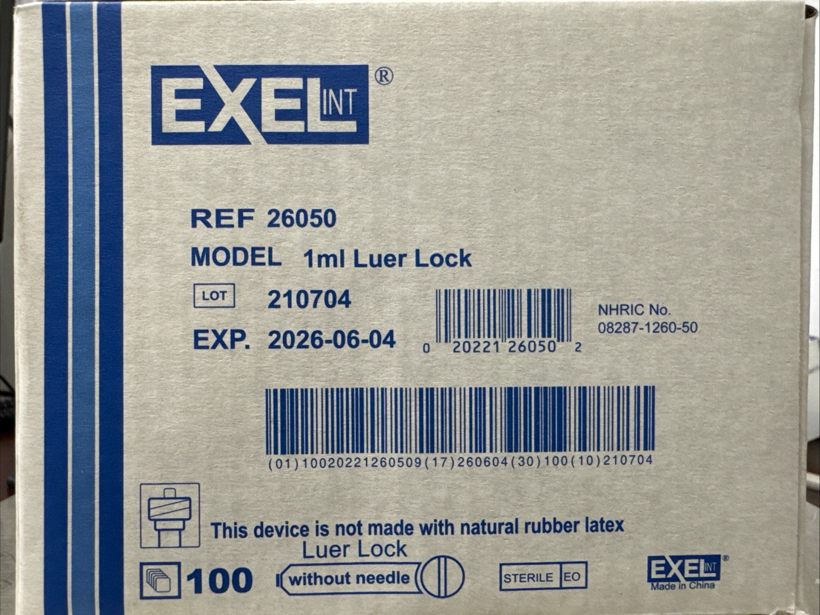 1ml Syringe Only, Luer Lock Tip, Sterile Without Needle, Exel #26050, 100/Box.