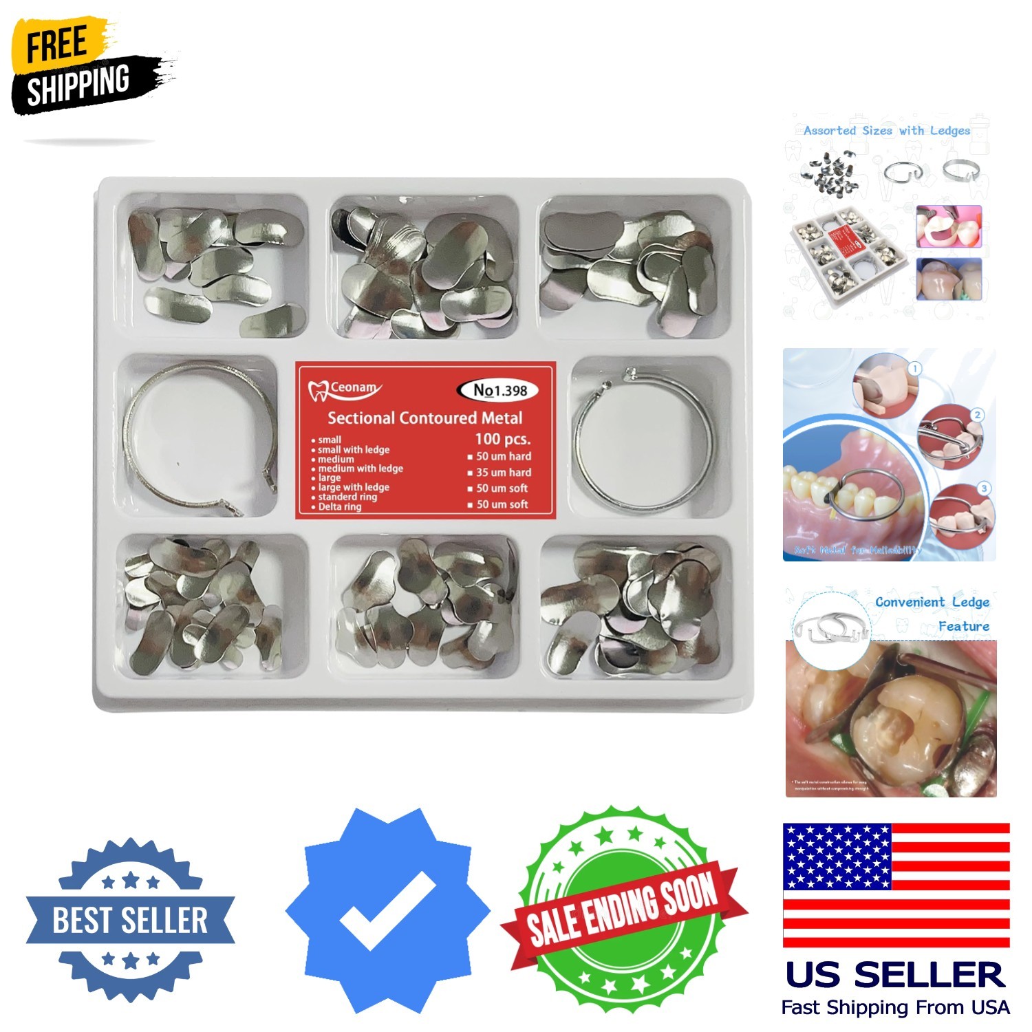 100 Pieces Stainless Steel Sectional Contoured Metal Dental Matrices Kit with…