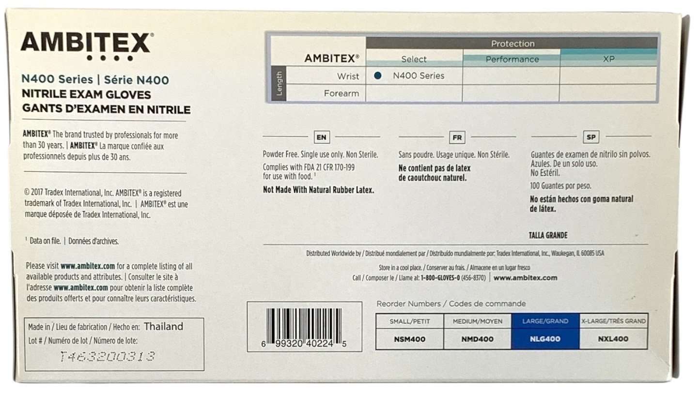 Ambitex NLG400 Powder Free “LARGE” Nitrile Exam Gloves (10 pack/1000 Gloves)