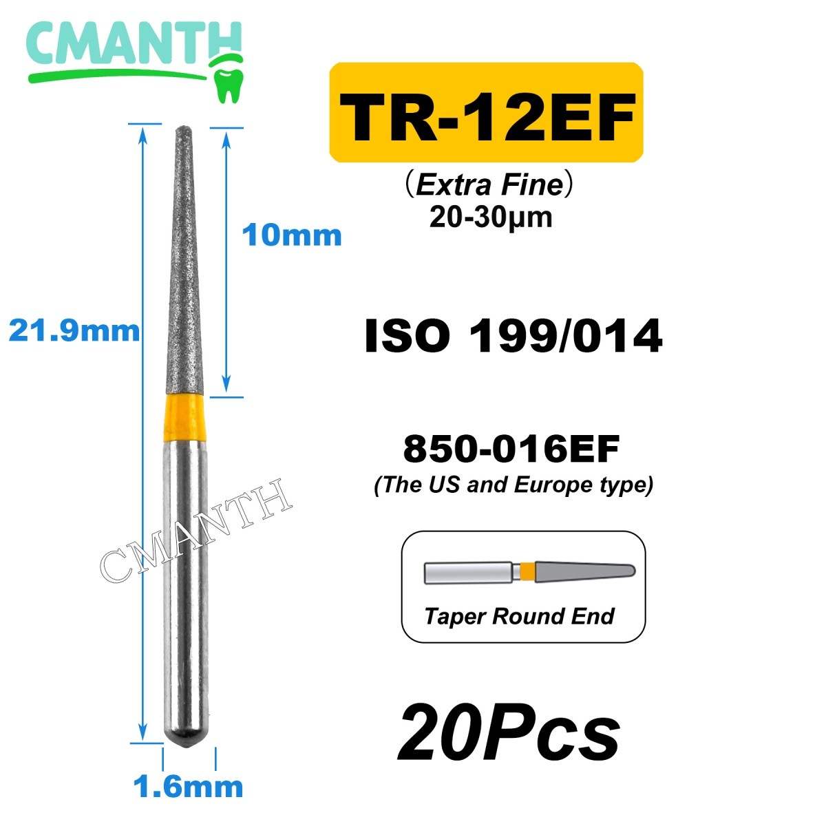US Fine Dental Burs Diamond Burs High Speed Turbines Drills Tools 1.6mm 20pcs