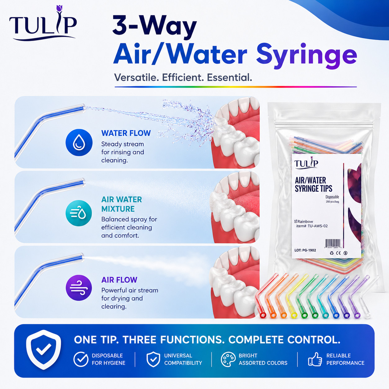 250 Disposable Dental Air Water Syringe Tips Rainbow Color Coded by Tulip