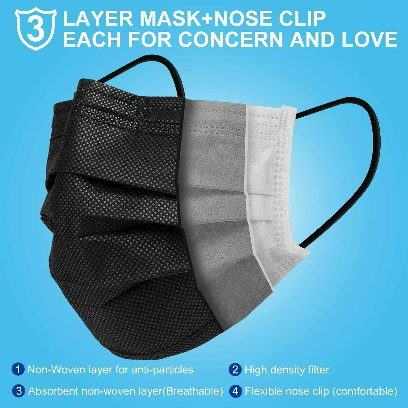 100/50 PCS Black Face Mask Mouth & Nose Protector Respirator Masks USA Seller