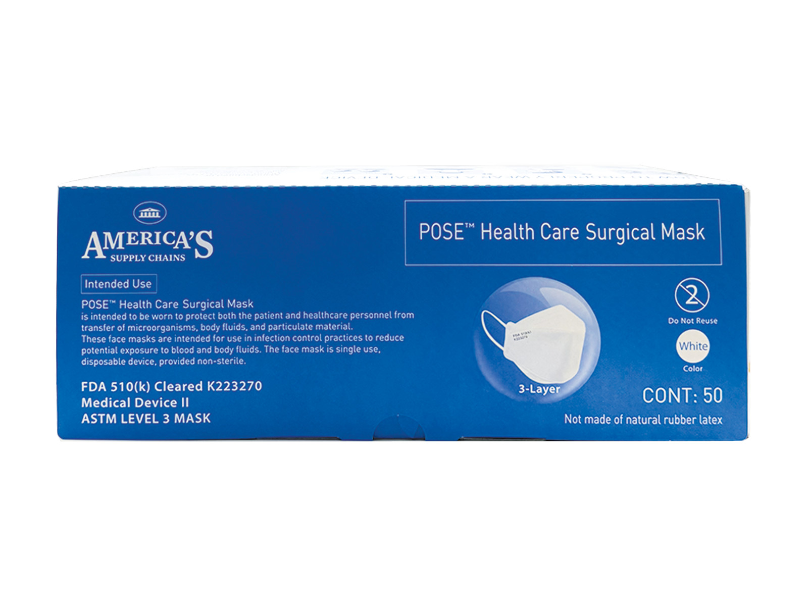 (50pcs) America’s Supply Chains Disposable Facemask ASTM Level 3 FDA Cleared