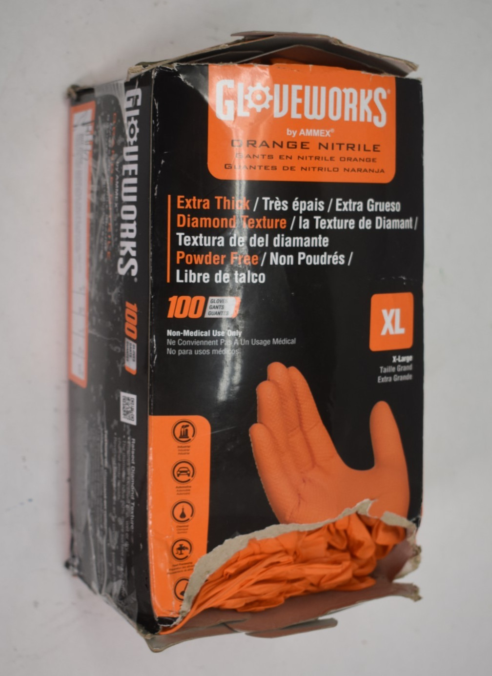 Gloveworks Thick Disposable Glove Orange Nitrile 8 Mil Diamond Texture XL 100 Pk