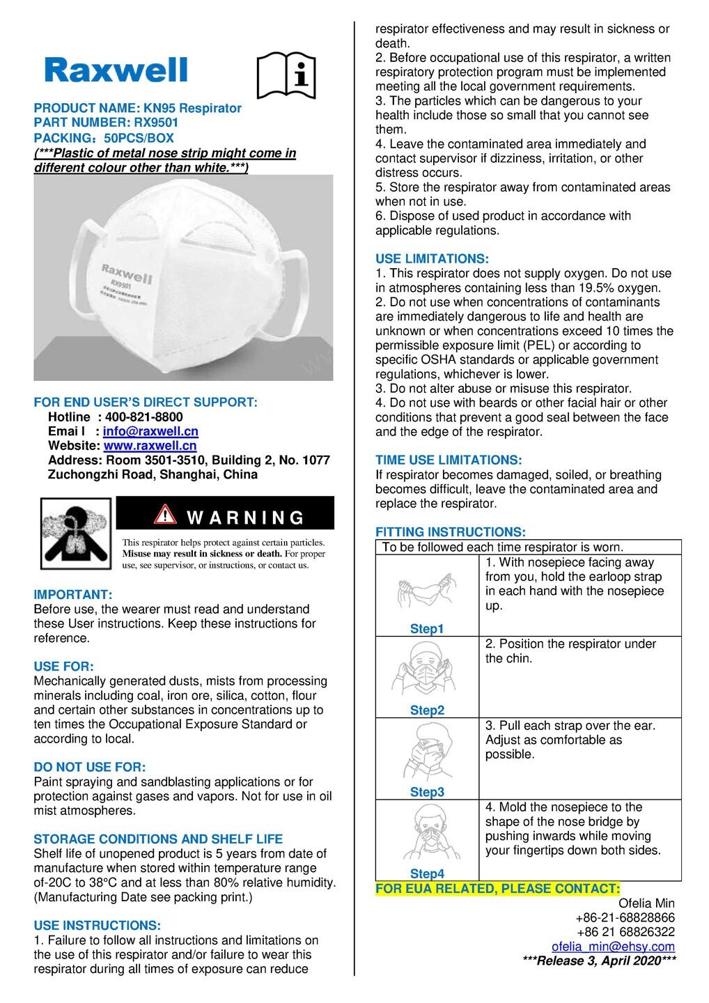 KN95 Face Mask Respirator Raxwell RX9501 Approved & Whitelisted BFE 99% 50 MASKS