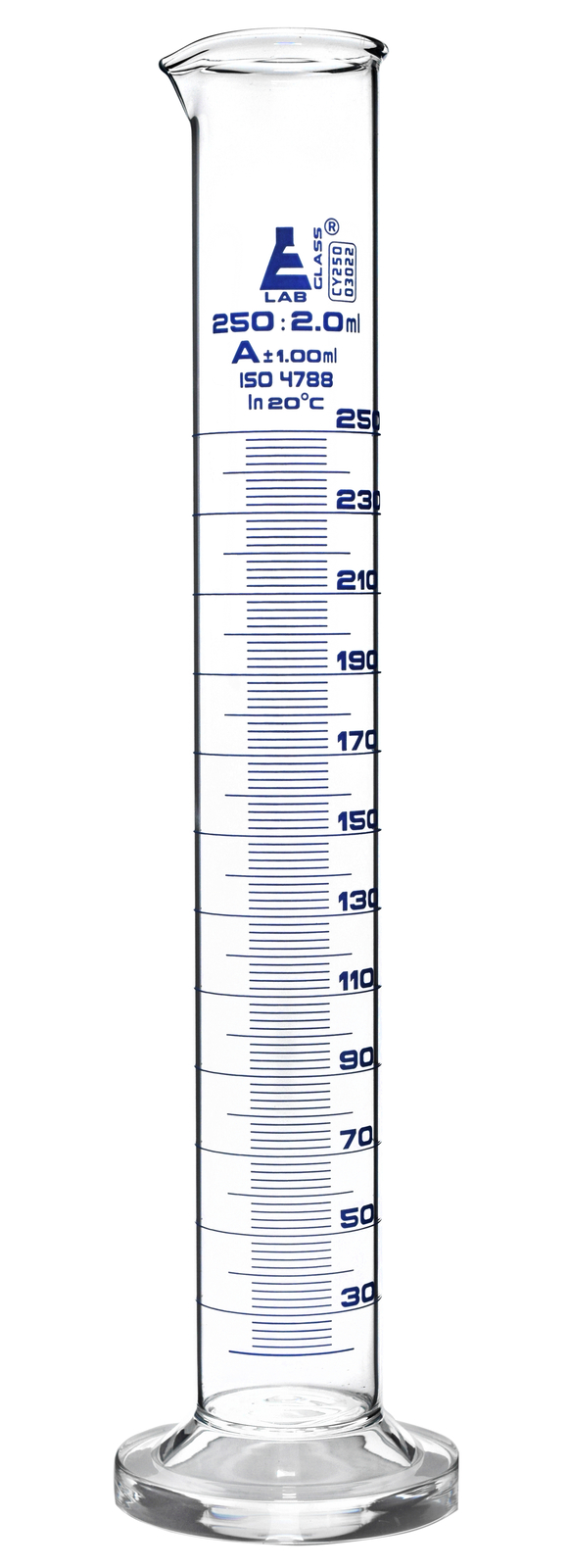 Eisco Labs 250ml Graduated Cylinder, Class A – Blue Graduations, Round Base