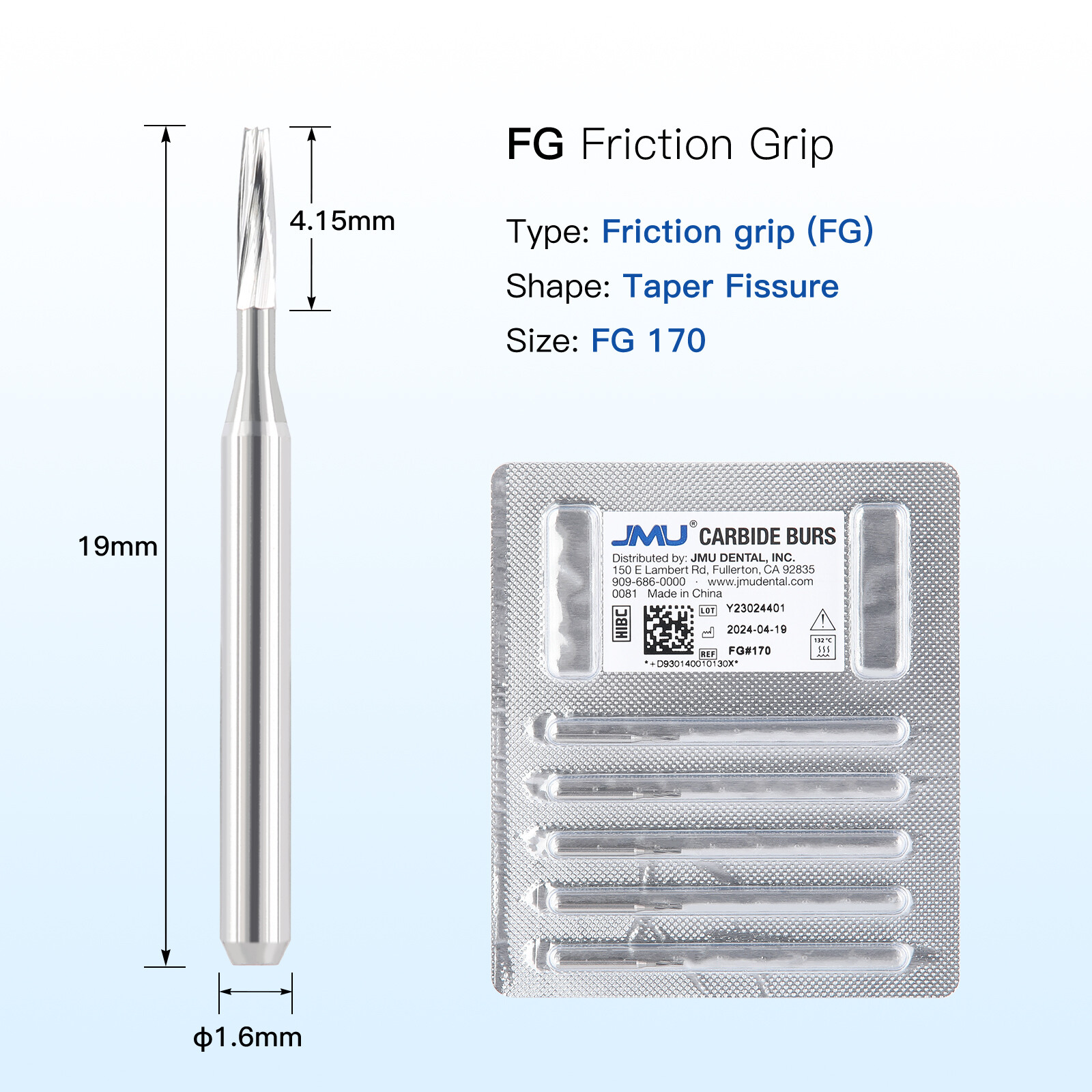JMU Dental Carbide Burs High Speed FG Taper Fissure 5pcs/pk