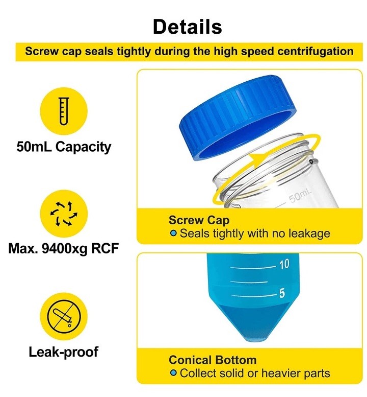 5 pcs 50ml Centrifuge Tubes w/ Screw Cap Conical Plastic Test Tubes Lab Tube