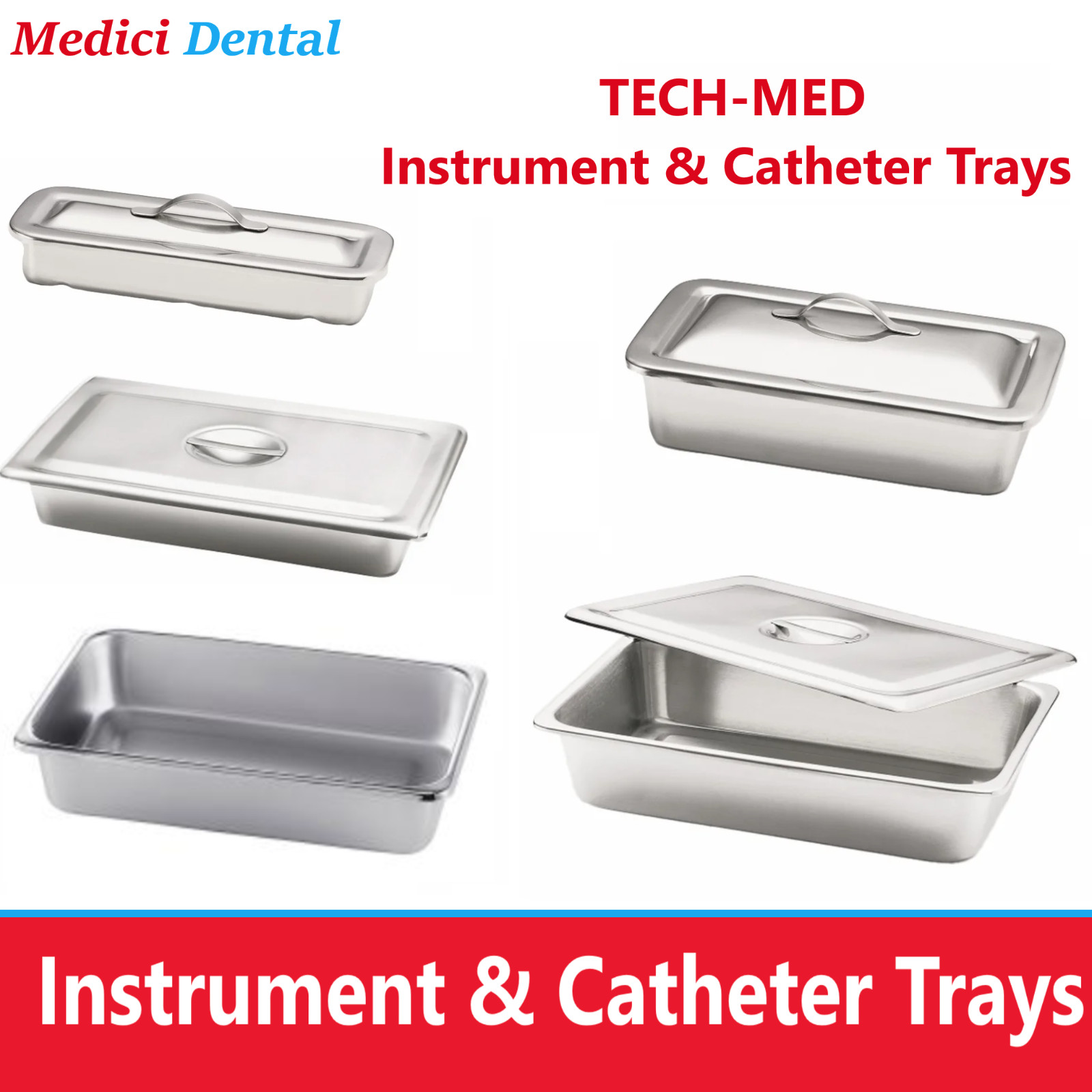 TECH-MED Stainless Steel Deep Instrument Trays w/ Lids, Autoclavable, High Grade