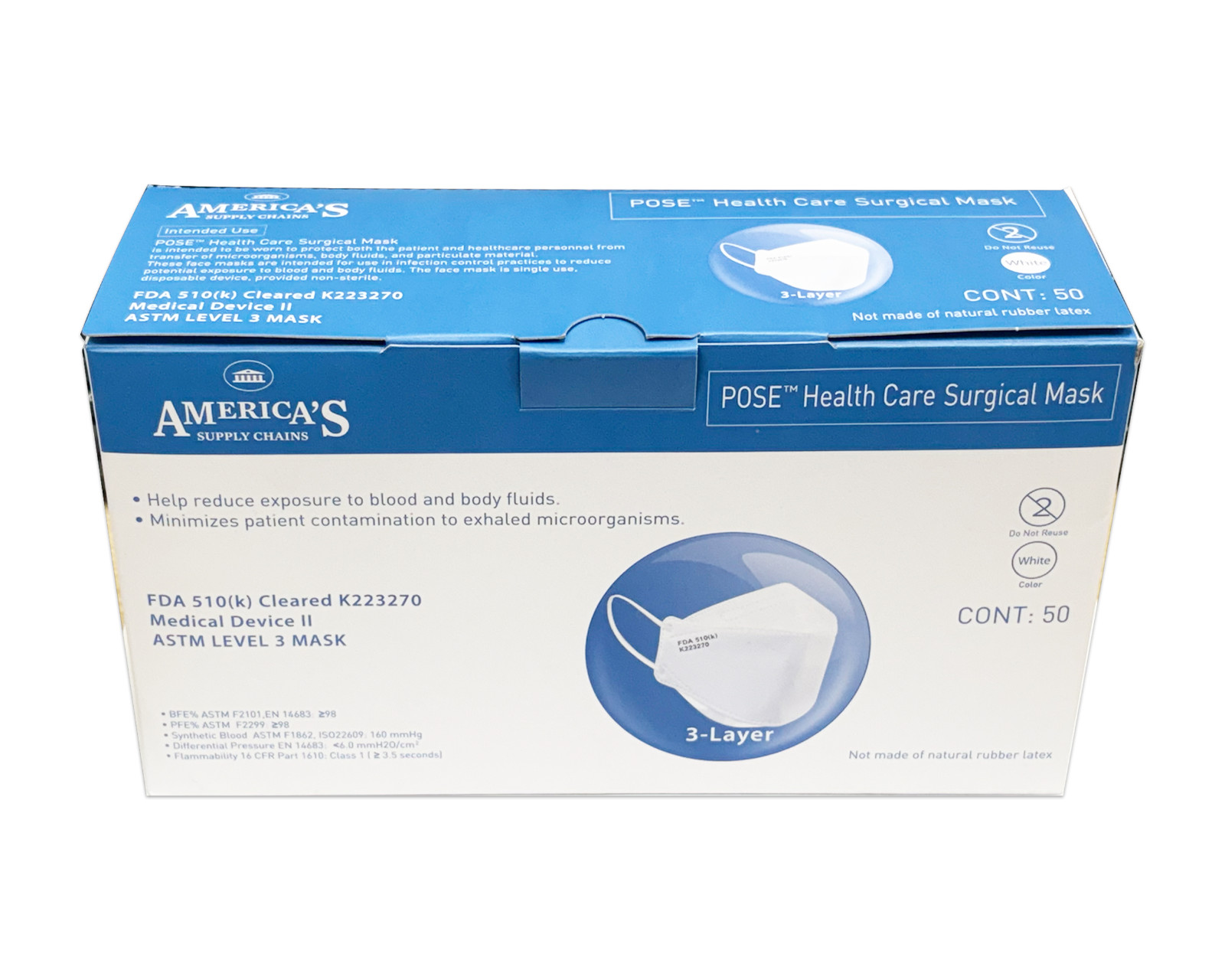 (50pcs) America’s Supply Chains Disposable Facemask ASTM Level 3 FDA Cleared
