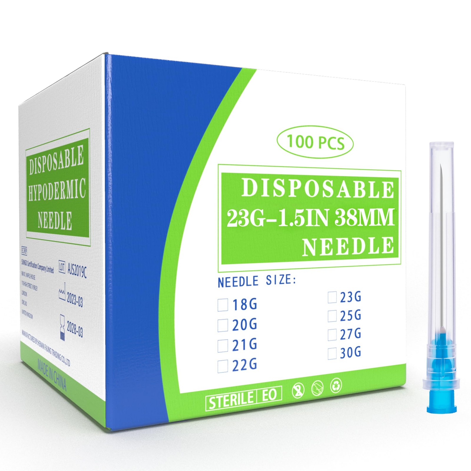 100 Pack 23 Ga 1.5 inch Disposable Needles with Caps for Scientific and Indus…