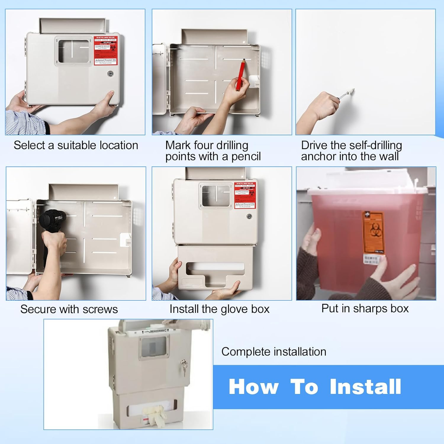 Wall Mount Locking Cabinet w/ Glove Box for 5 Qt Sharps Container, Cabinet Only.