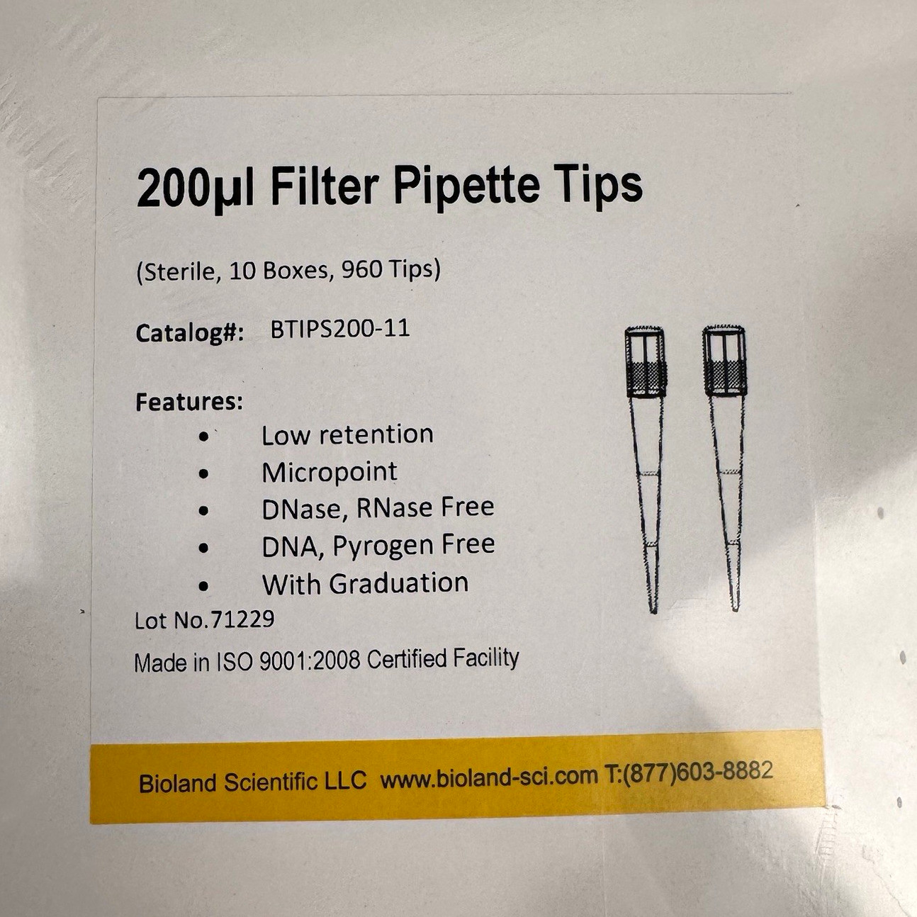 Bioland Scientific BTIPS200-11 200µl Filter Pipette Tips 10 Boxes (960) 5 BOXES!