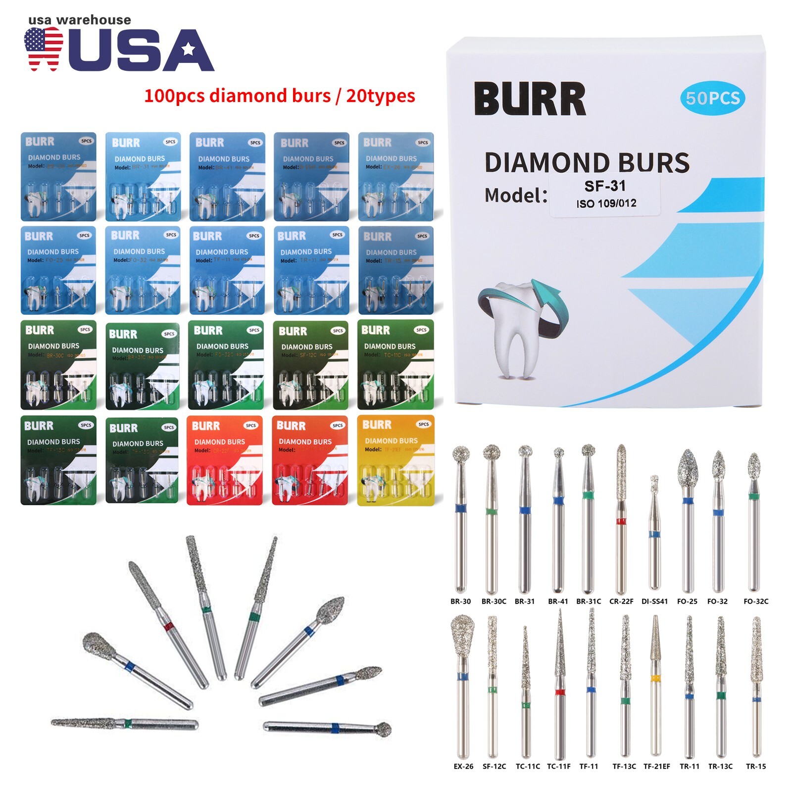 20Types 100Pcs Dental Diamond Burs Drills For High Speed Handpiece Medium FG BUR