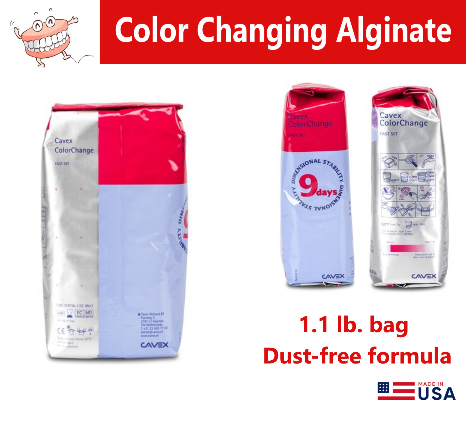 Dental Cavex Color Changing Alginate, 1.1 Lbs (500 Gr) Fast Set, Dustr Free, USA