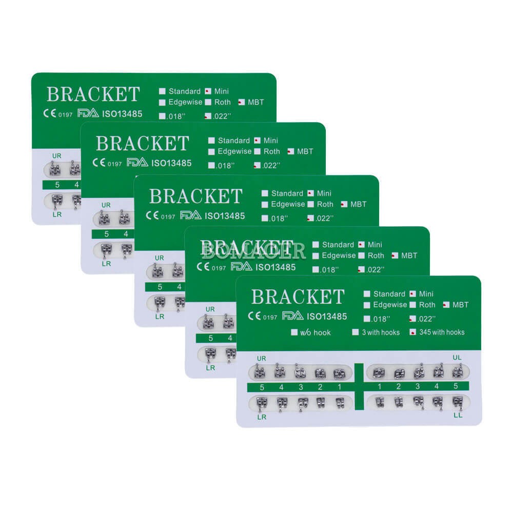100 Kits Orthodontic Monoblock Metal Brackets, MBT 0.022″ 3-4-5 Hooks, 20pc/Kit