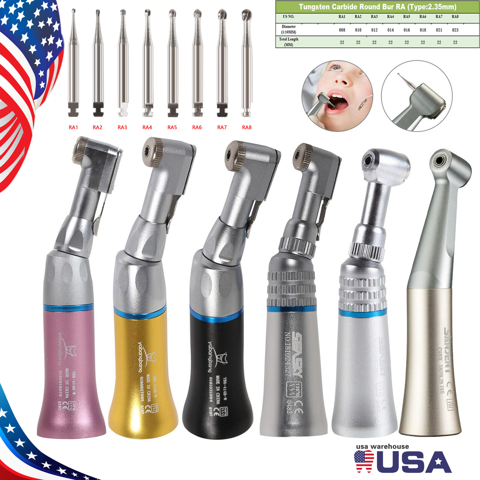 Low Speed Contra Angle Handpiece /Tungsten Steel Carbide Burs RA1-RA8 AK Dental