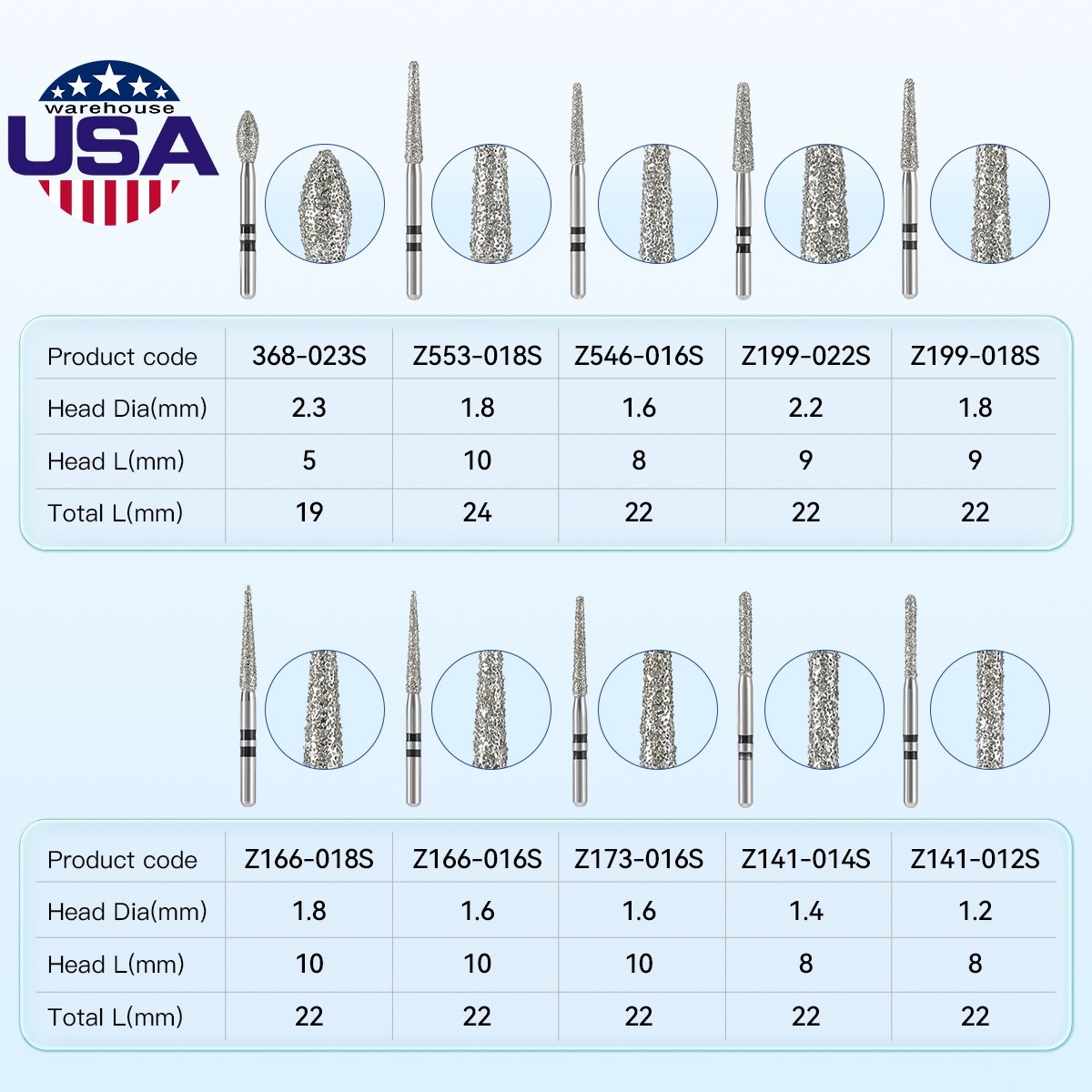 Pro Dental Diamond Zirconia Cutting Burs Kit Friction Grip 1.6mm 10Pcs/Pack