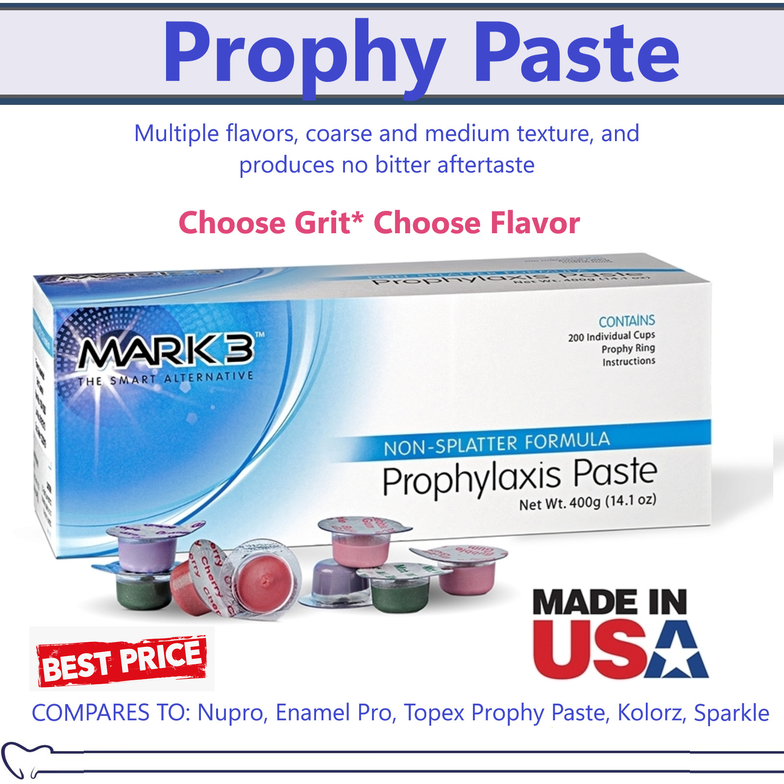 Dental Prophy Paste 400 cups Prophylaxis Non Splatter Mark3 – Choose GRIT FLAVOR