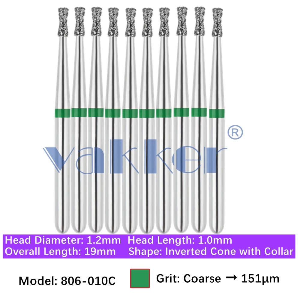 Vakker 10pc Dental 806-010C FG Diamond Bur Coarse Grit Inverted Cone with Collar