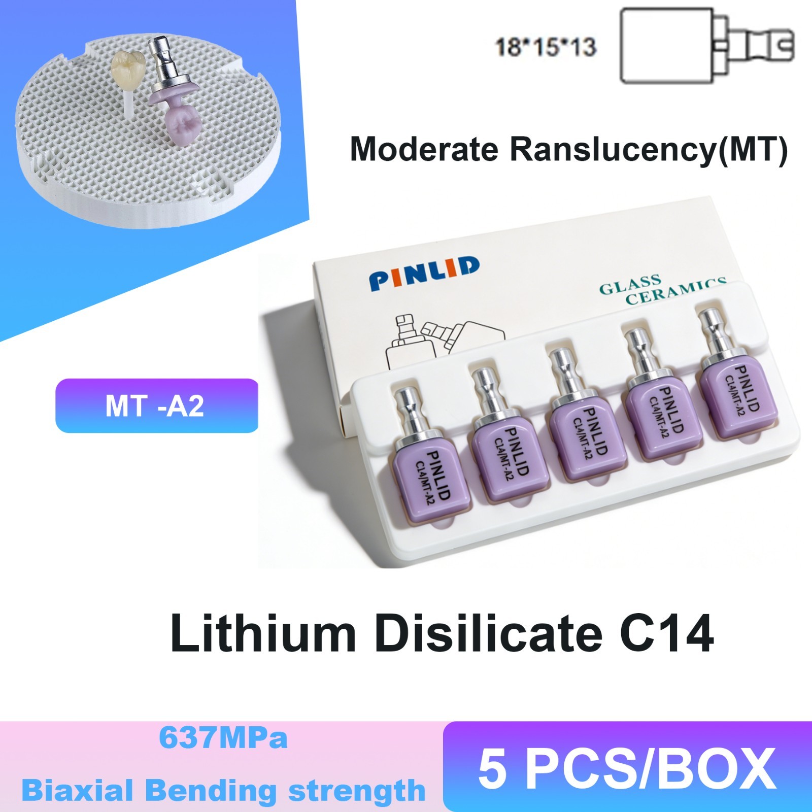 Dental C14 MT Lithium Disilicate Glass Ceramic Blocks A1–BL4 CAD/CAM 5pcs/Box