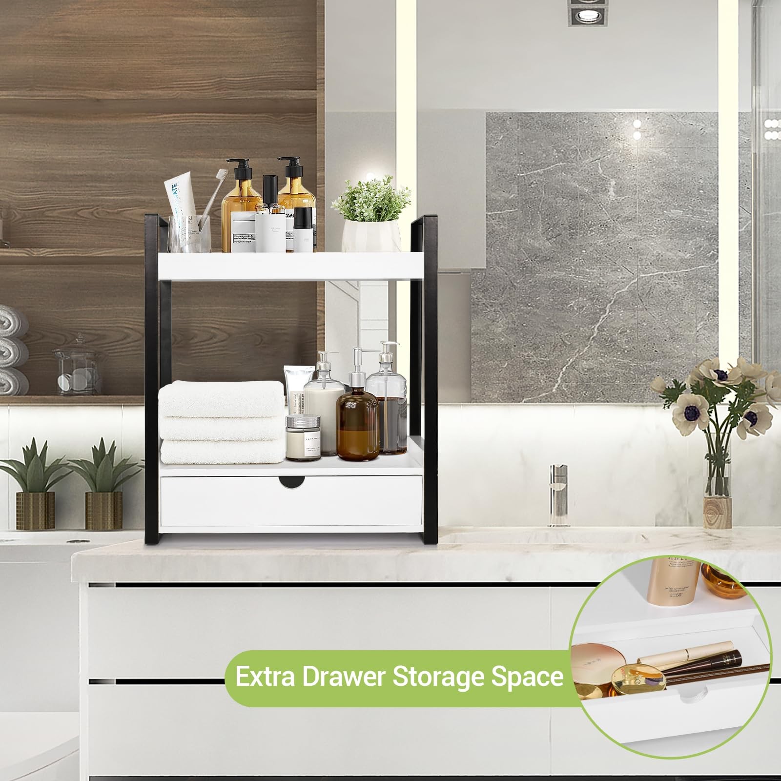 2-Tier Wooden Counter Shelf with Drawer, Vanity Organizer, Farmhouse Decor