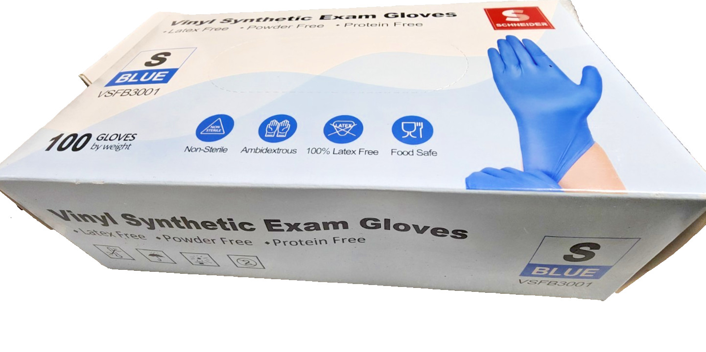 (700) Schneider Blue Vinyl Synthetic Exam Gloves 4 Mil Medical Grade Disposable