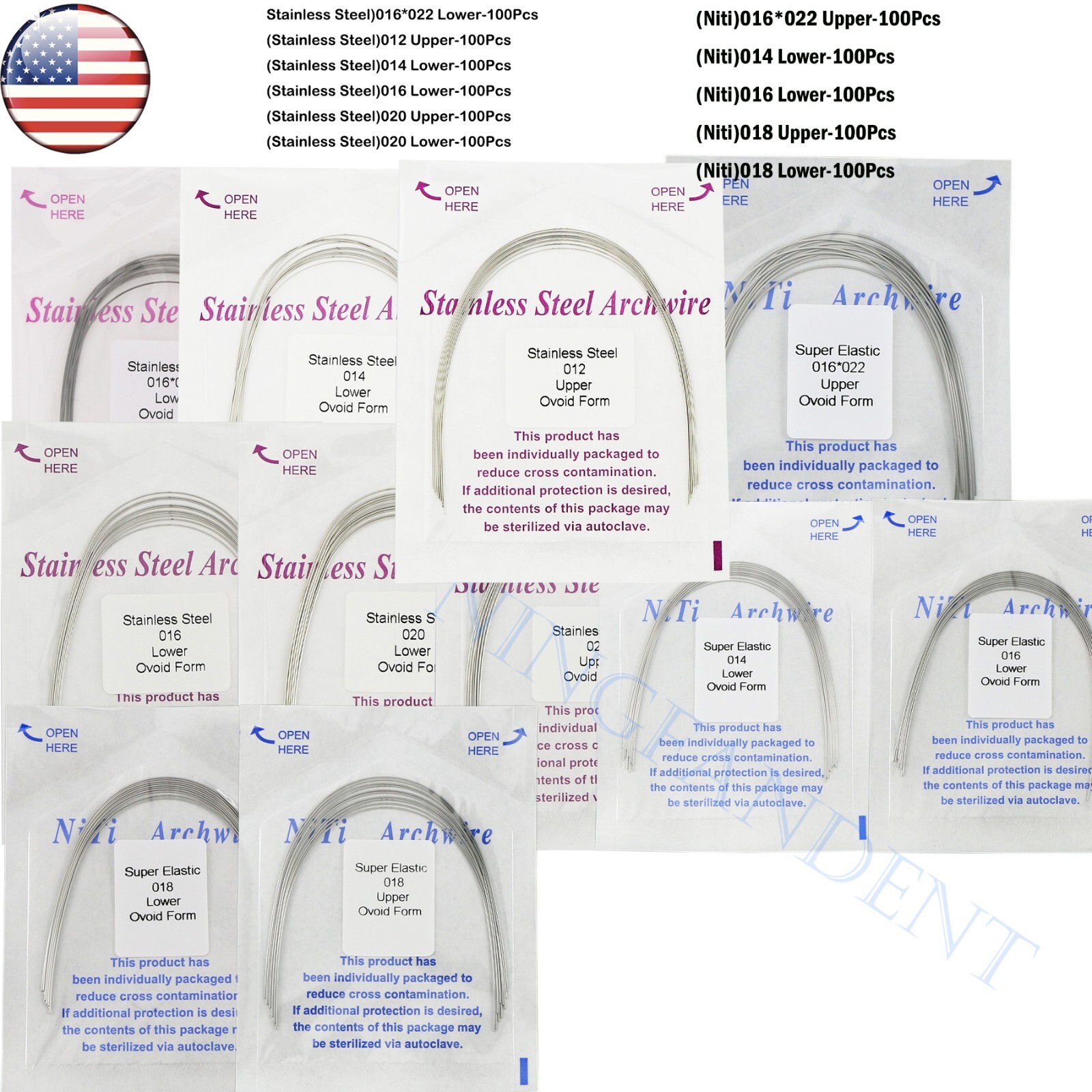 US Dental Ortho Arch Wire NiTi Stainless Reverse Curve Nature Round Square Ovoid