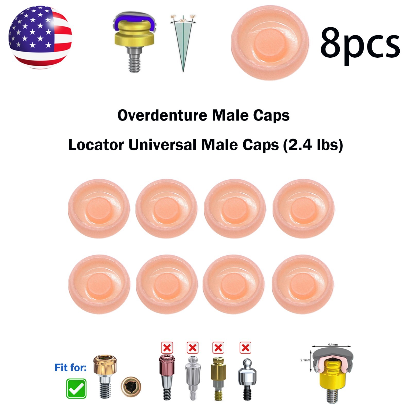 US ZEST Locator Replacement Retention Male Caps Inserts For Dental Overdenture