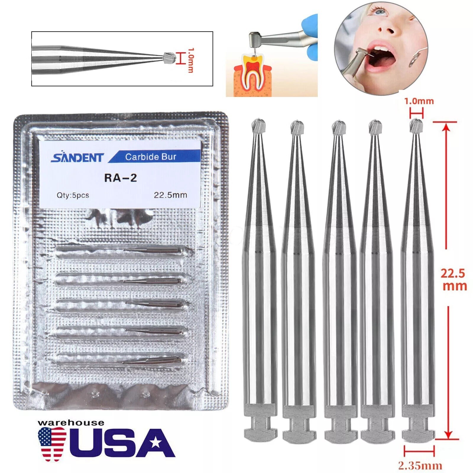 5 pcs/ pack Dental Tungsten Carbide Steel Burs for slow low handpiece RA-2 USA